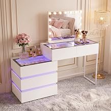 FENCHILIN Vanity Desk with RGB LED Light Tempered Glass Top 15 Bulbs Mirror