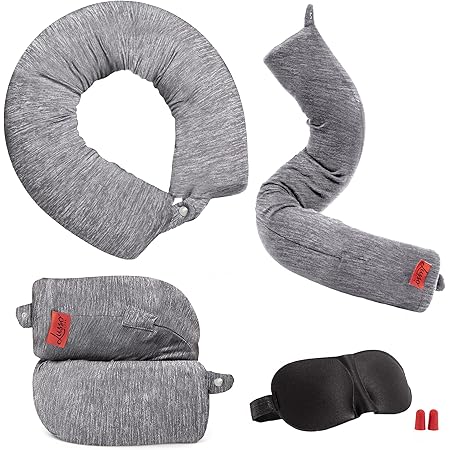 Lusso Gear Twist Memory Foam Travel Pillow for Neck, Chin, Lumbar, Leg Support - Adjustable Pillow for Plane, Car, Bus, Train, & Home - Removable Cover for Easy Cleaning, with Ear Plugs & Eye Mask