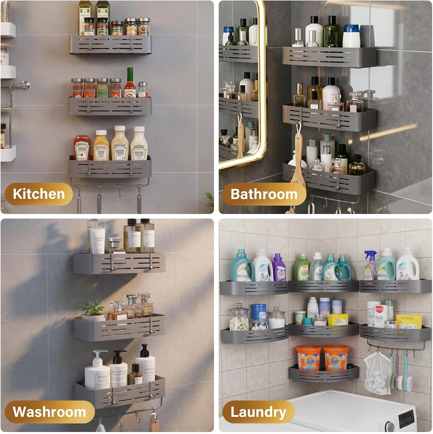 3-Tier No-Drill Storage Caddy with Hooks&Towel Bar,Organizing Solution for Bathroom,Shower&Kitchen,Holds Shampoos,Soaps,Sponges&Cleaners,Rectangle