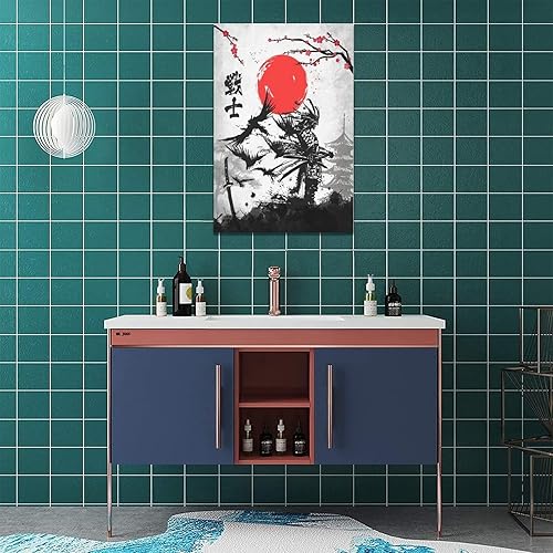 Miniatura 4 de banonaty Arte de pared japonés Samurai con diseño de cerezo en flor, impresiones en lienzo de guerrero, póster enmarcado, pinturas artísticas,