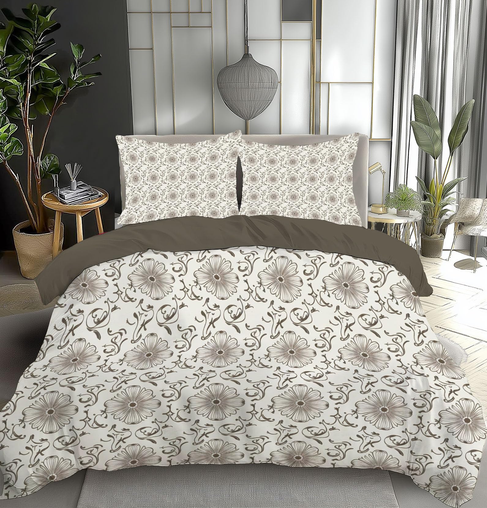 Housse de couette 140x200 beige parure de lit microfibre à motif floral