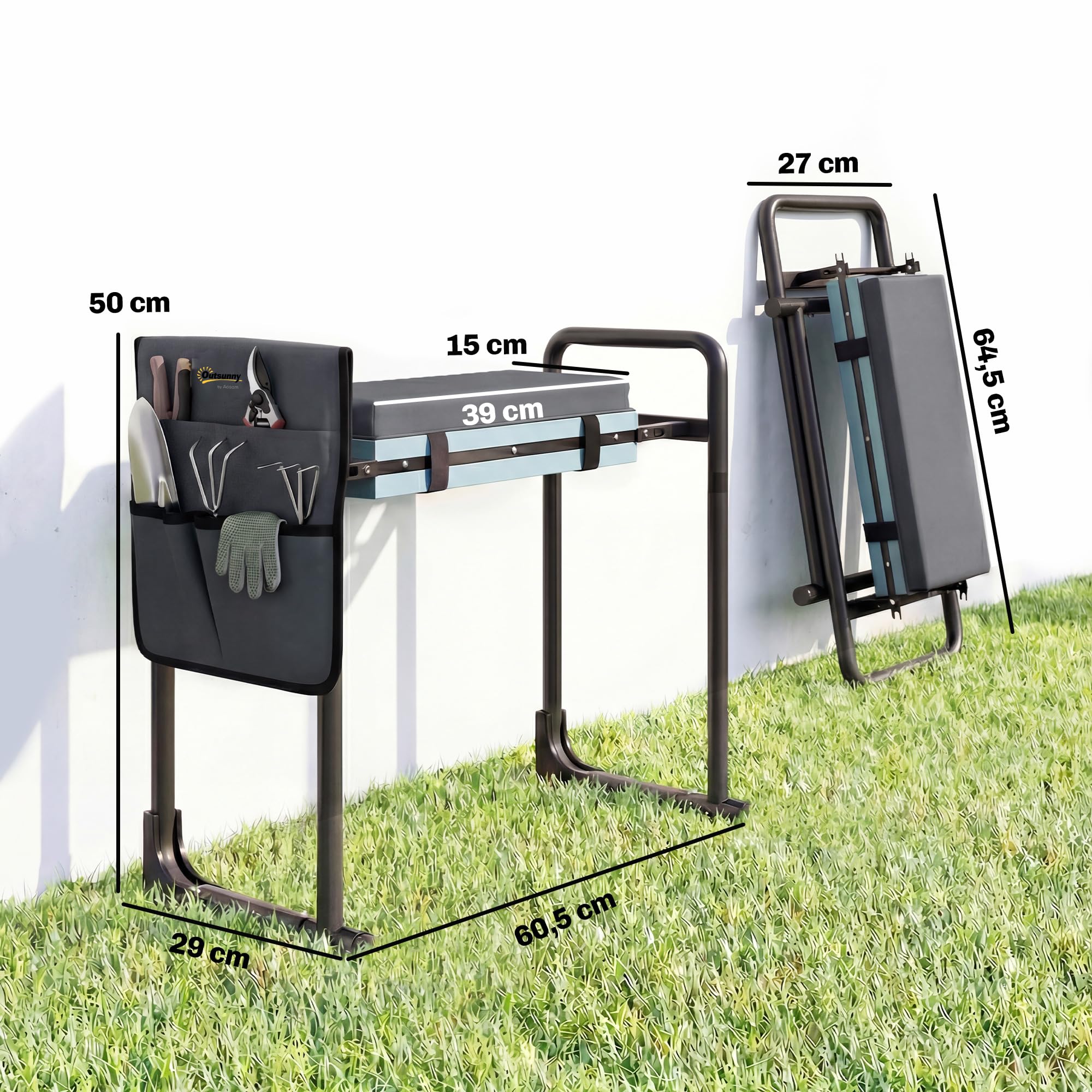 Outsunny Tabouret de Jardin Pliable Agenouilloir de Jardin Repose-Genoux Siège Jardinage avec Coussin Rembourré Épais en Mousse EVA, Poches à Outils, Gris Foncé