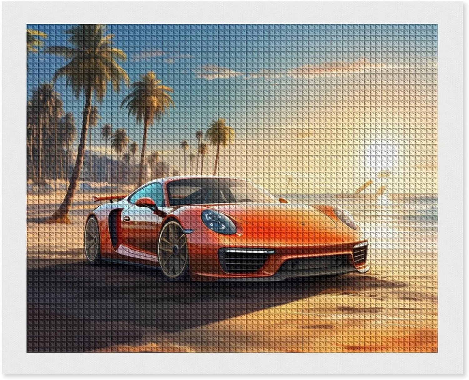 Sport Car Beach Sunset Custom Diamond Picture for Adults Wall Art Full Drill Dots Paintings for Home Office Decor