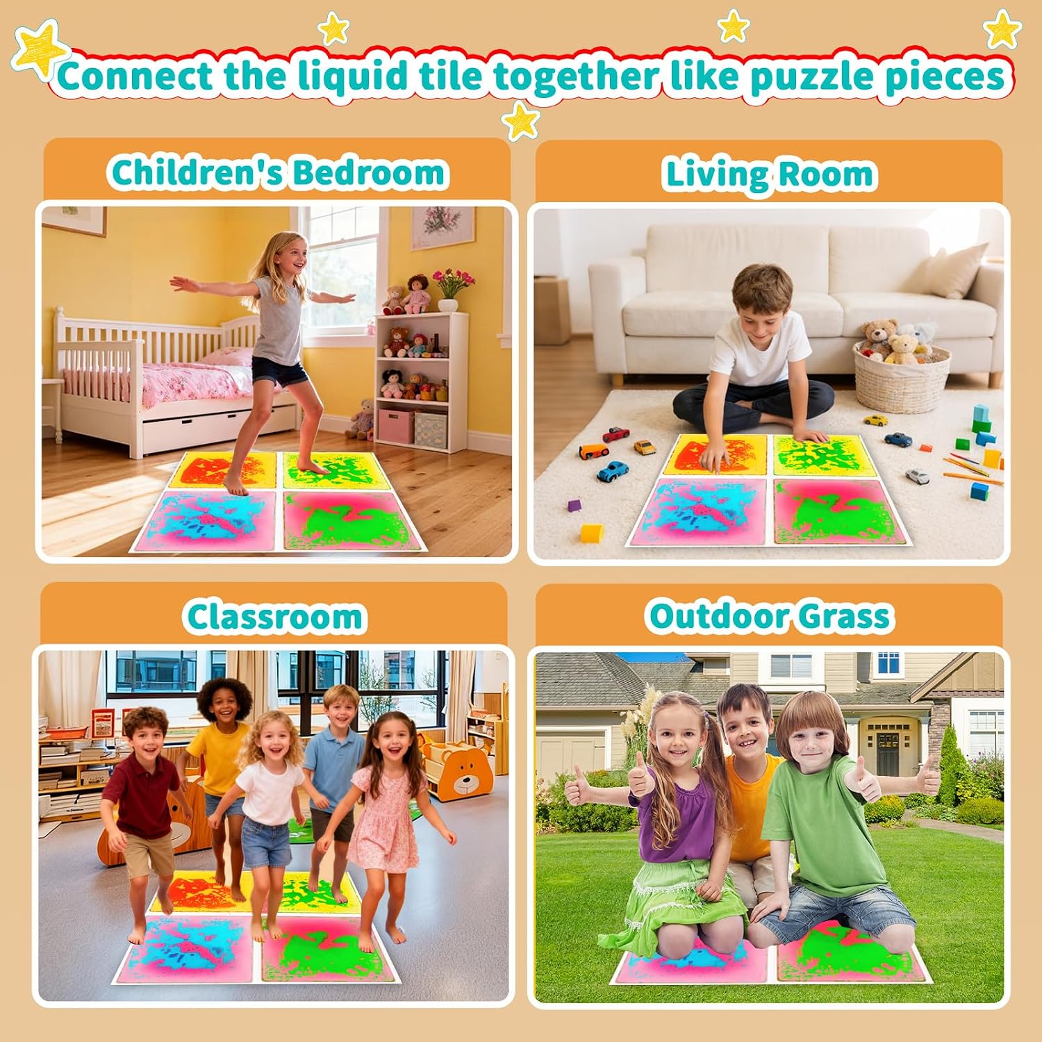 Sensory Floor Tiles for Kids: Liquid Fusion Activity Mat 4 Pack with One-Piece Glue-Free Sealing - Educational Fun Water Play Mats - Autistic Toddler Calming Toys for Indoor Early Learning（12X12inch）