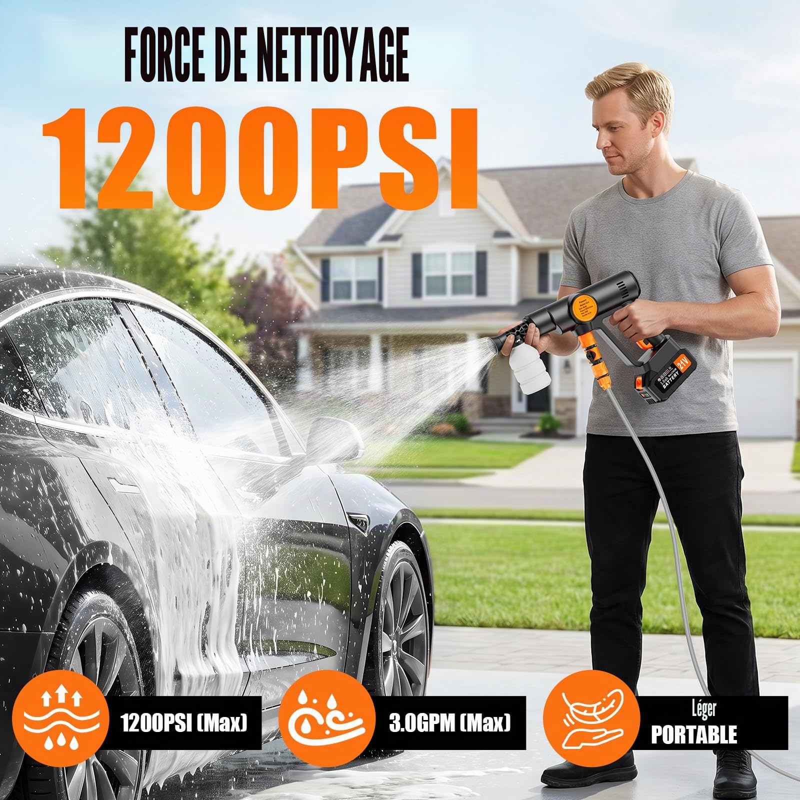 Nettoyeur Haute Pression sans Fil 2X 3000mAh Nettoyeur Haute Pression sur Batterie Portable, 6 en 1 Buse, 5M Tuyau et Boîte de Rangement pour Voiture, Jardin, Terrasse, Maison, Arrosage