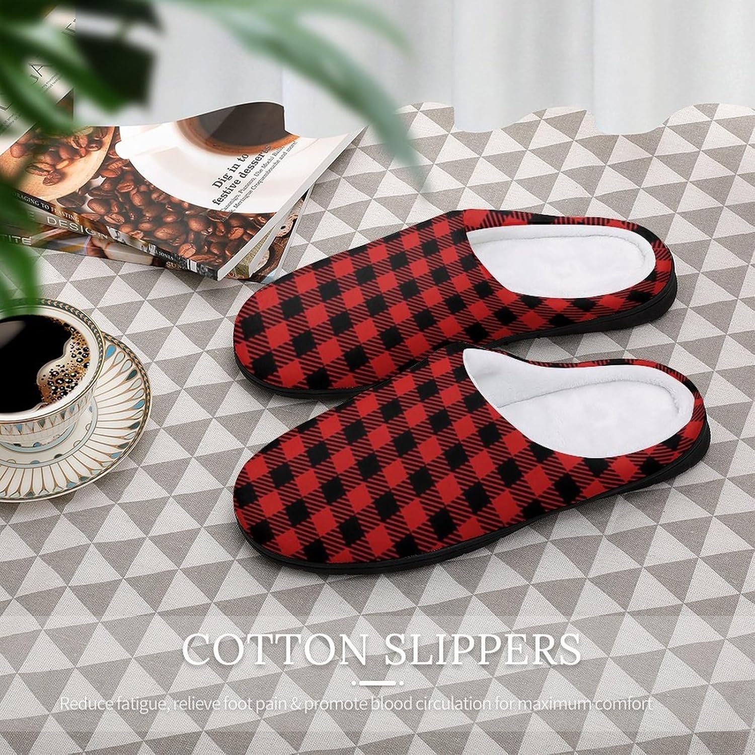 Buffalo Plaid Red Checkered Women's House Slippers Memory Foam Warm Shoes Spa Rubber Sole Indoor Outdoor