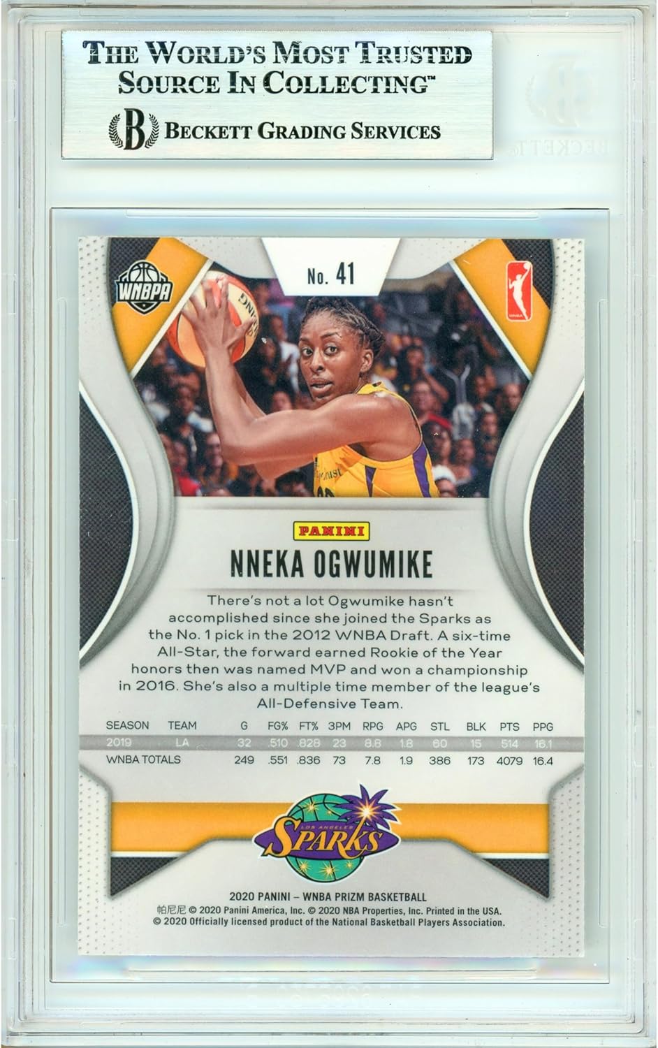 Nneka Ogwumike Autographed 2020 Panini Prizm WNBA #41 Basketball Card Slabbed Beckett BAS Authentic Slabbed COA Played For Los Angeles Sparks