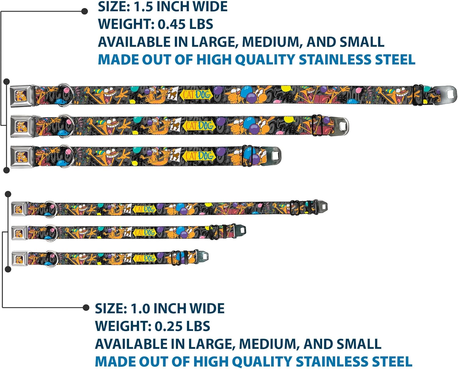 Buckle-Down Seatbelt Buckle Dog Collar - CatDog Party/Balloons/CATDOG Logo Gray/Black/Multi Color - 1" Wide - Fits 11-17" Neck - Medium