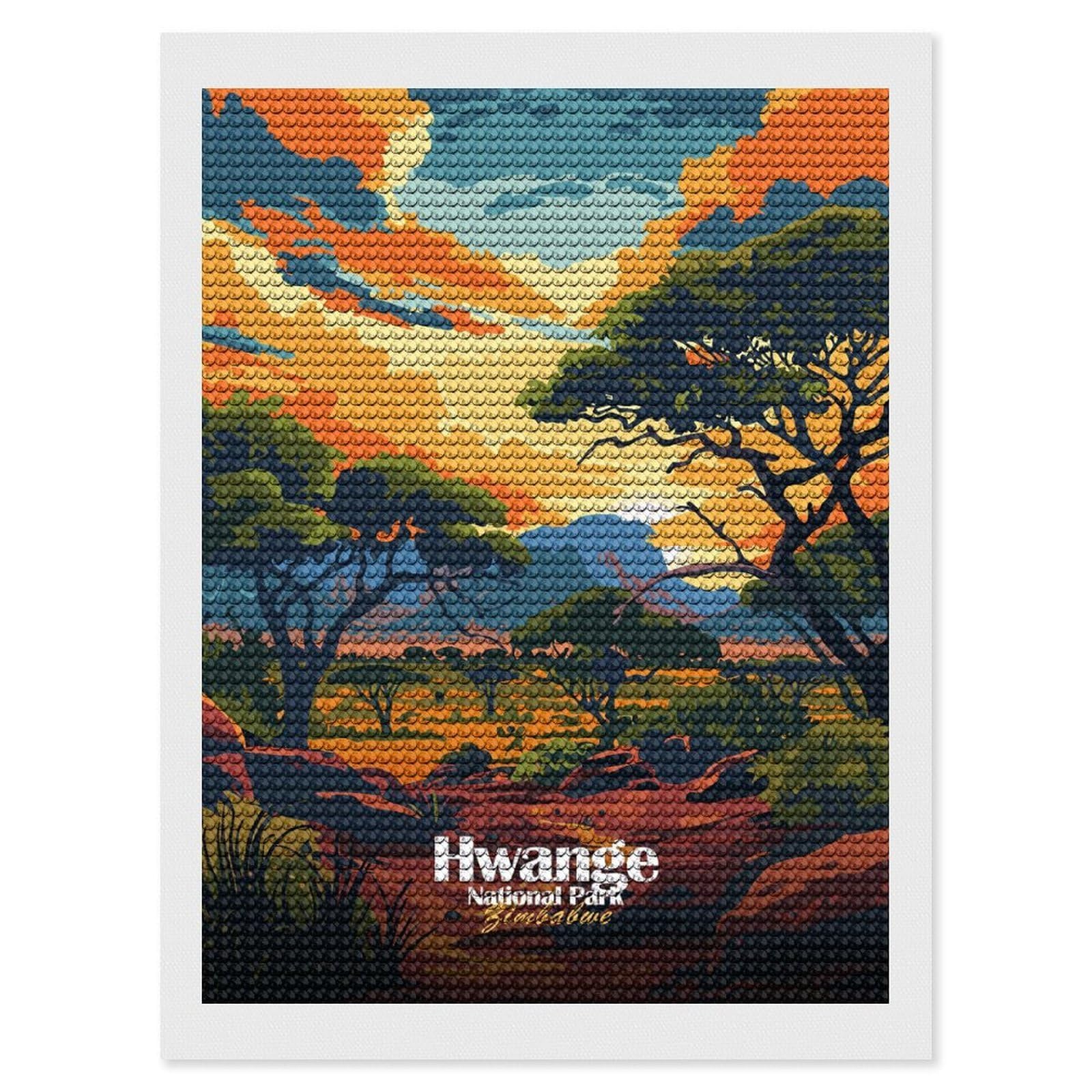 Junmoney Hwange National Park Zimbabwe Illustration Diamond Art Kit 12"x16", Relaxing DIY Hobby, Satisfying Creative Project, Living Room Decor, for Women