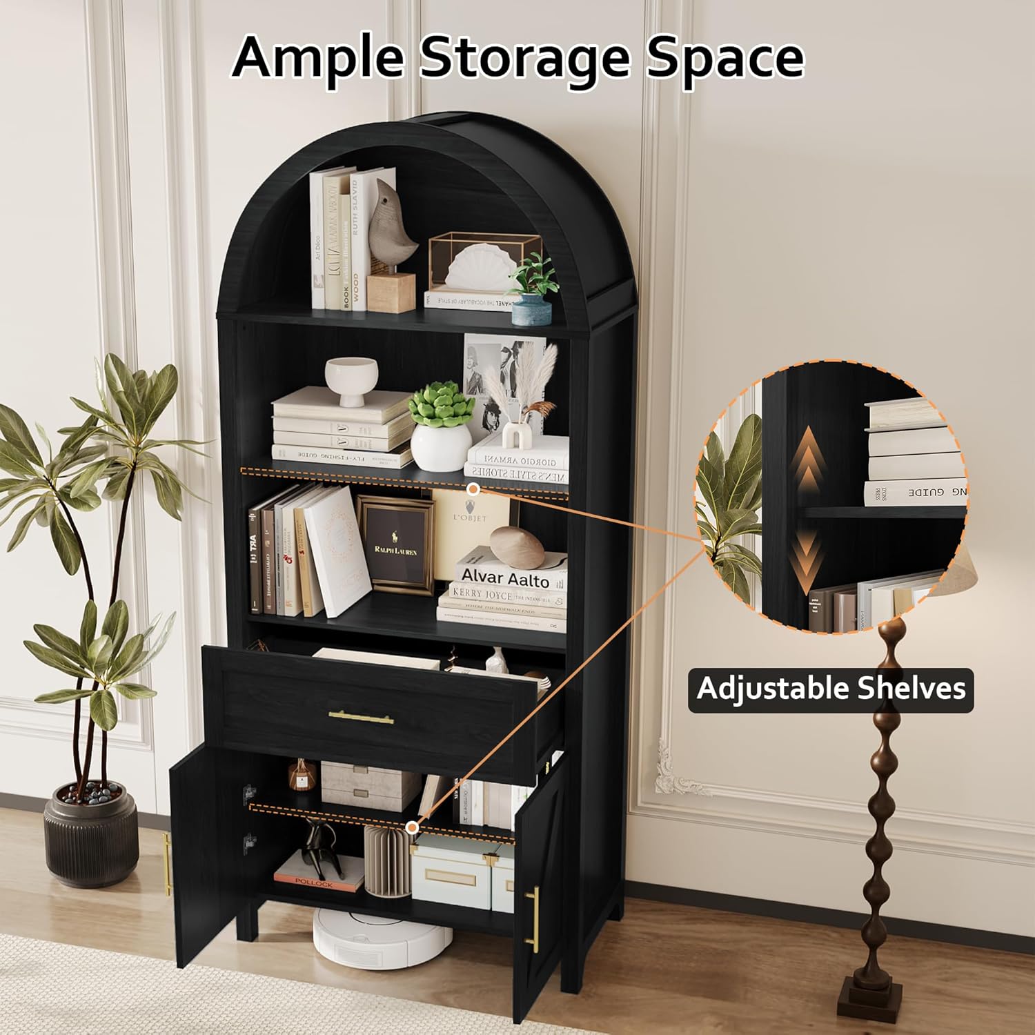 Rophefx 70.8" 5-Tier Arched Bookshelf with Doors and Shelves, Tall Arched Bookcase Cabinet with Drawer, Wooden Kitchen Pantry Storage Cabinet for Living Room Kitchen Office Home, Black