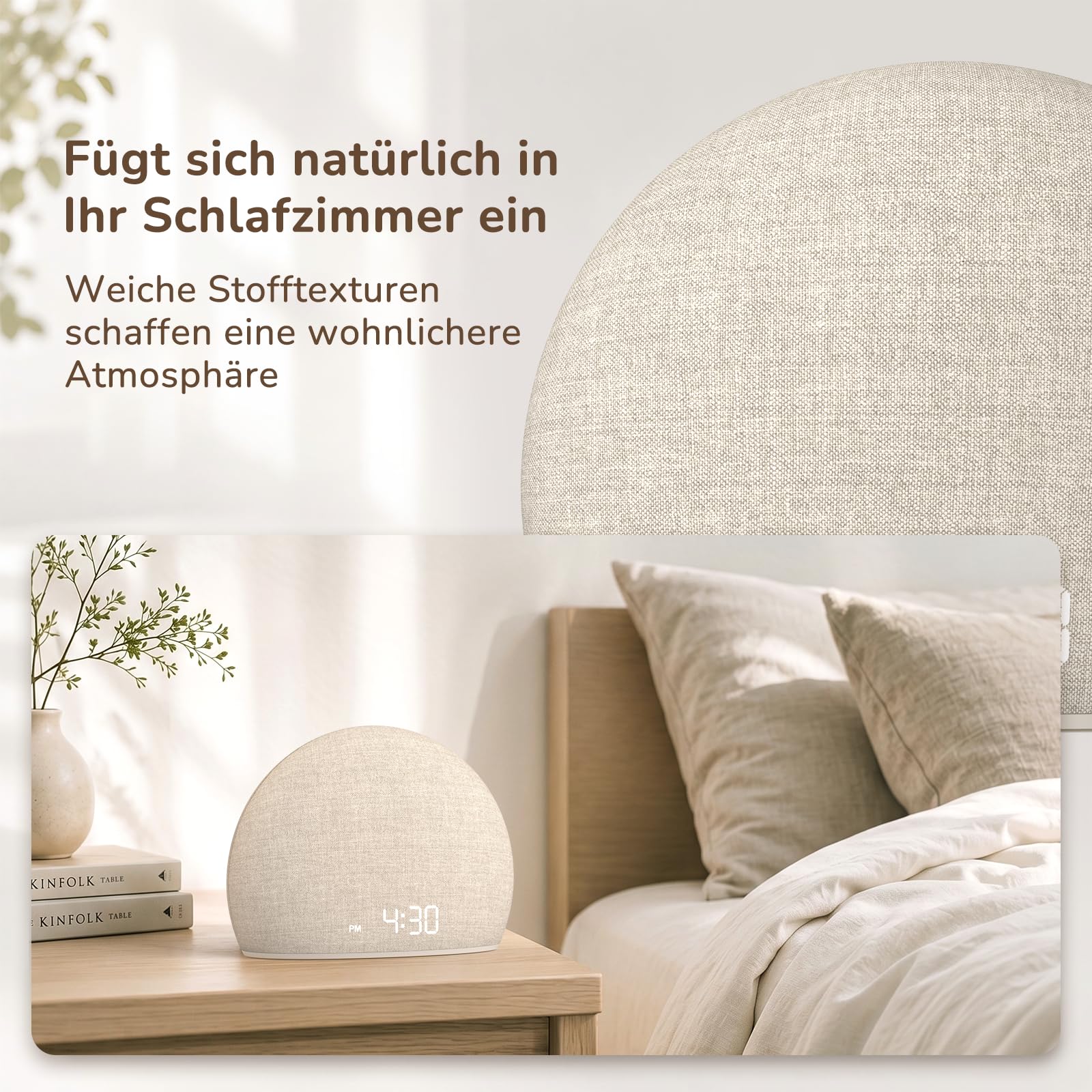 DOUMOSH Tageslichtwecker mit Sonnenaufgang & White Noise Machine | Daylight Alarm Clock, 20 Schlafklänge, Schlafenszeit-Erinnerung, Dimmbares Nachtlicht & Display, Schlafzimmer, Stoff-Design