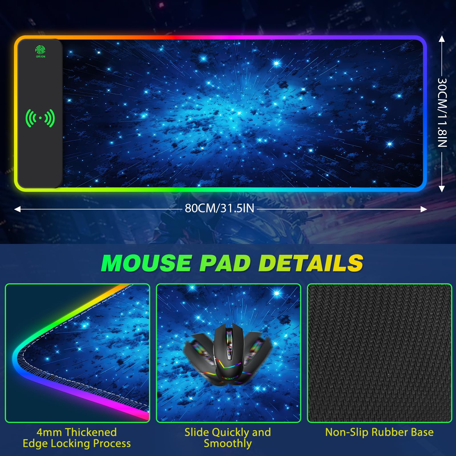 AIMSA Alfombrilla de mouse RGB para juegos con carga inalámbrica, alfombrilla de mouse grande con 14 modos de luz LED, base de goma antideslizante, almohadilla de escritorio impermeable para