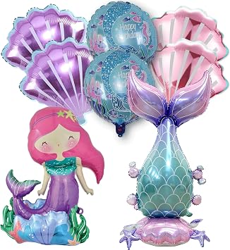 8 Pcs Mermaid Birthday Party Decorations Foil Balloons Set For Girls, Large Self- Standing Little Mermaid & Tail Shell Balloons Party Supplies Blue