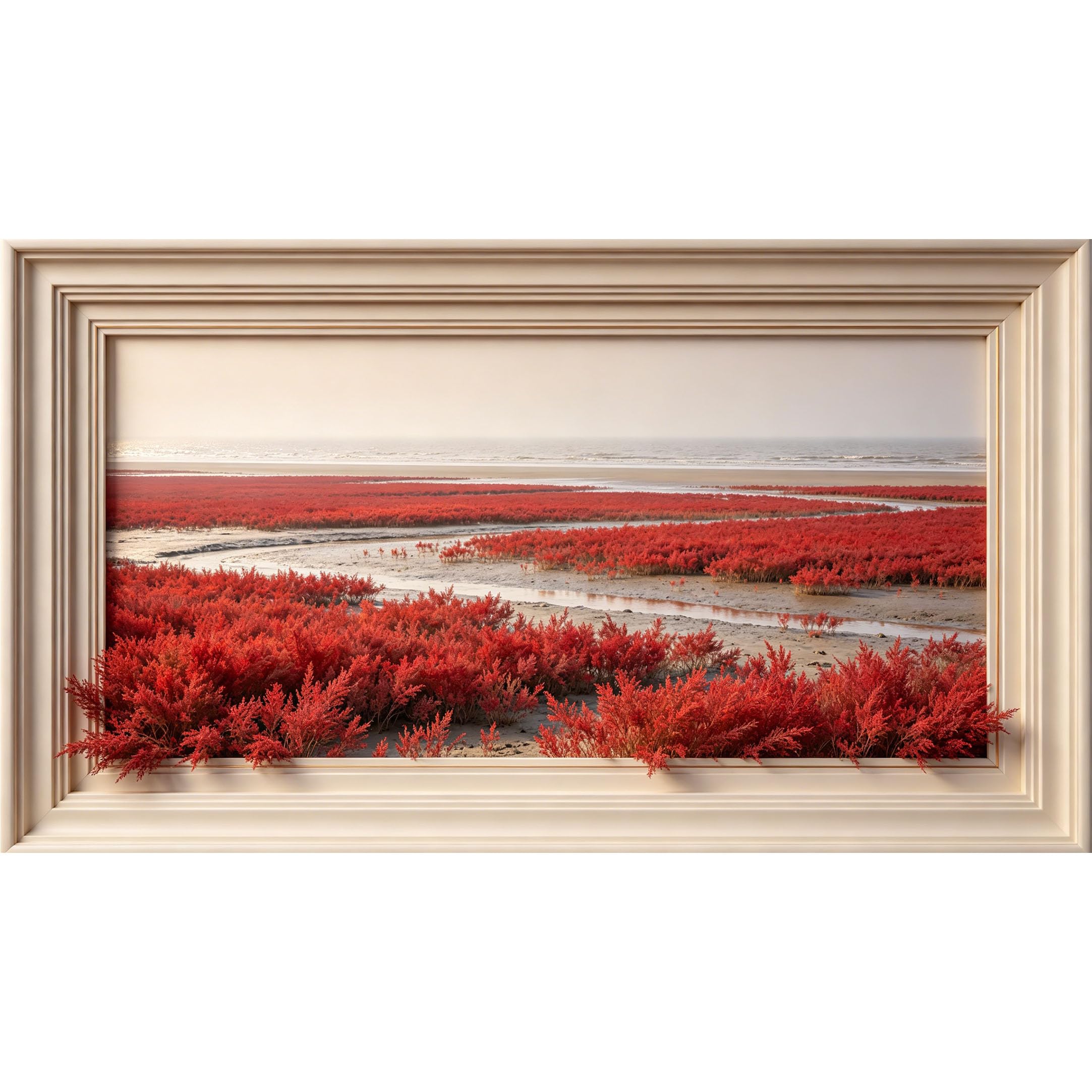 QZLITHOTIC 50×90cm3D Framed Wall Art， Vibrant Red Wetland Coastal Landscape， WaterActivated Peel & Stick Fabric Decor Wall Decal for Bedroom Living Room