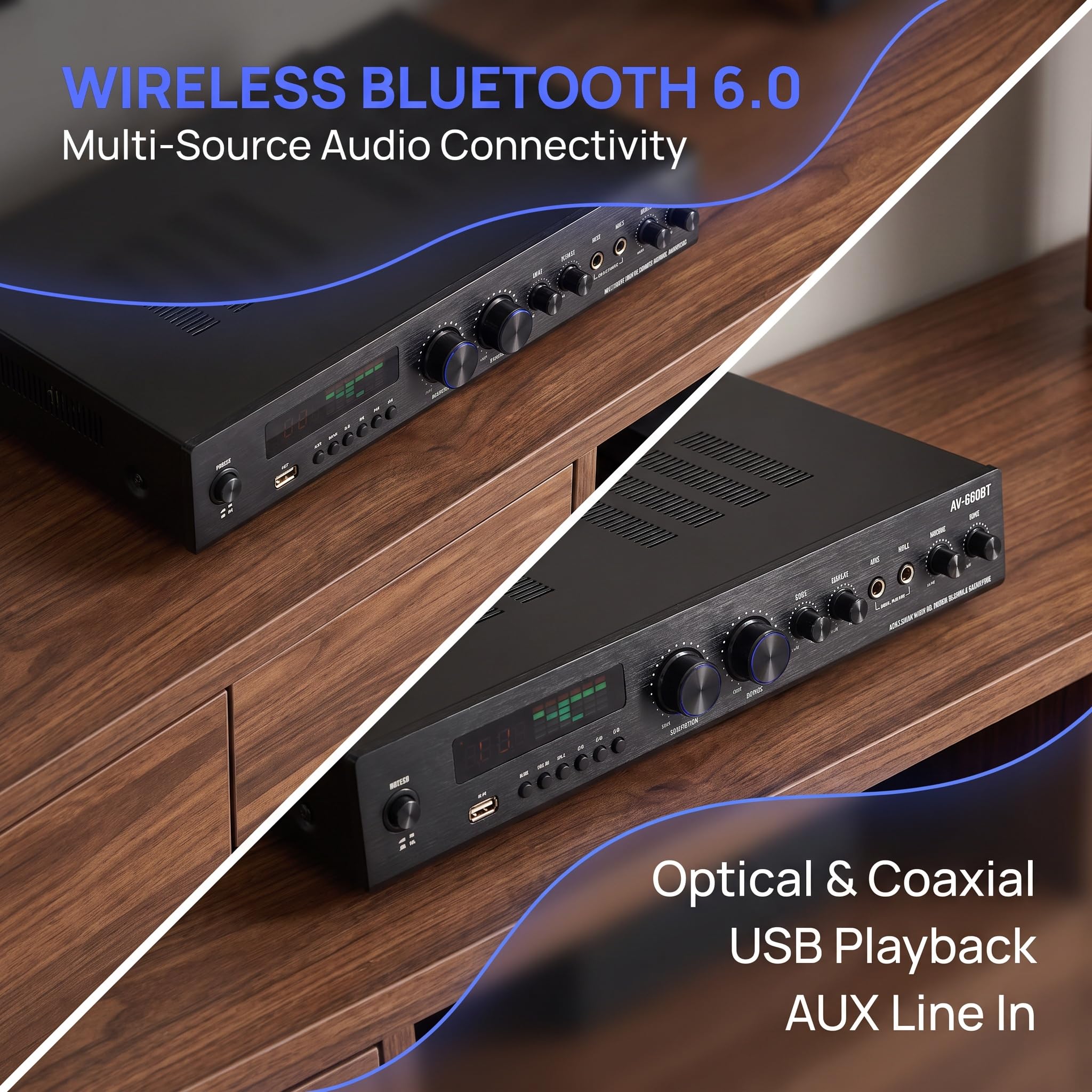Amplificatore Audio A 5.1 Canali, Ricevitore per Home Theater E Karaoke da 800 W, con Bluetooth 6.0, Uscita Subwoofer Indipendente, Ingresso Ottico, Coassiale E USB, Telecomando