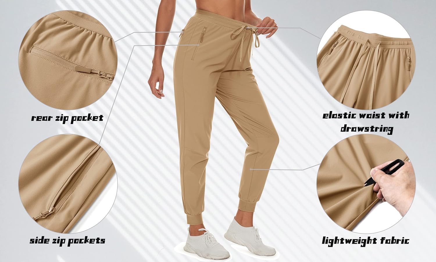 TACVASEN Womens Gym Athletic Joggers Pants Water Resistant Performance Fall Hiking Cargo Pants with Zipper Pockets Khaki