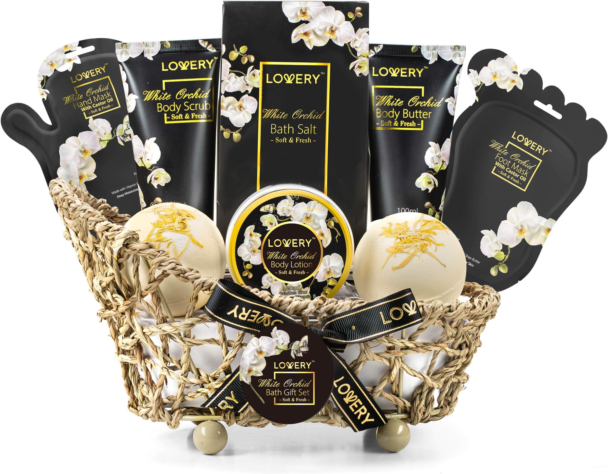 Spa Bath Set for Women, Men, Teens - White Orchid Home Spa Set with Vitamin E and Shea Butter with Body Butter, Body Scrub, Lotion, Ex-Large Bath Bombs, Salts, Pair of Hand & Foot Masks