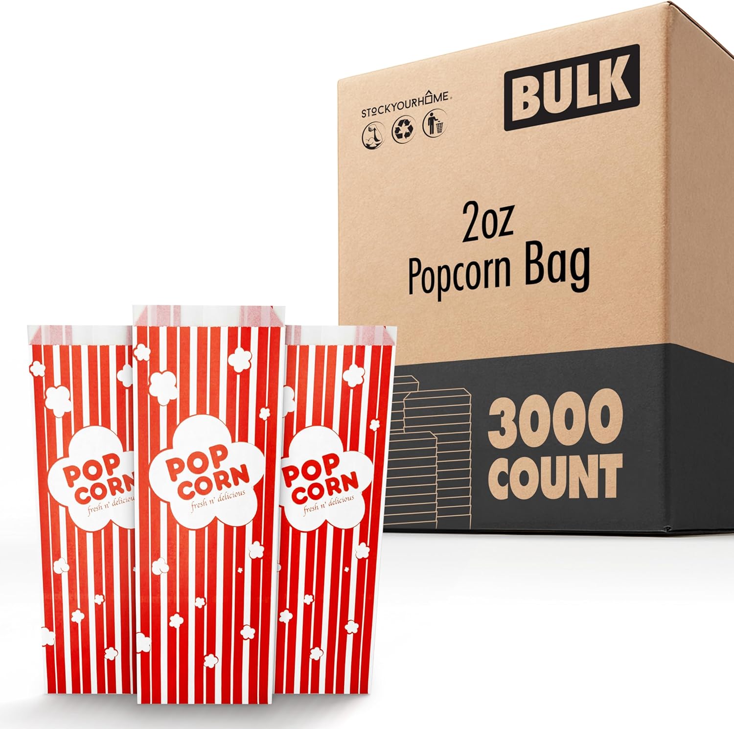 Popcorn Bags 2 oz – Red & White Striped, Grease Resistant (3000 Pack)
