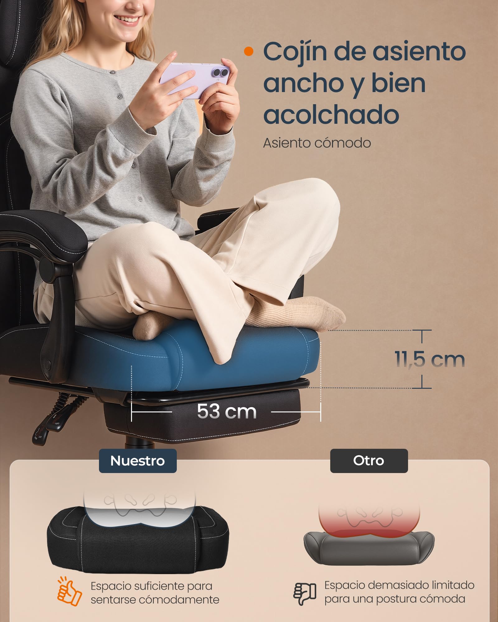 SONGMICS Home Silla de Juegos, Silla Racing Ergonómica para Ordenador con Reposapiés, con Reposacabezas, Tela de Algodón y Lino, Altura Ajustable, Negro Tinta OBG072BH03