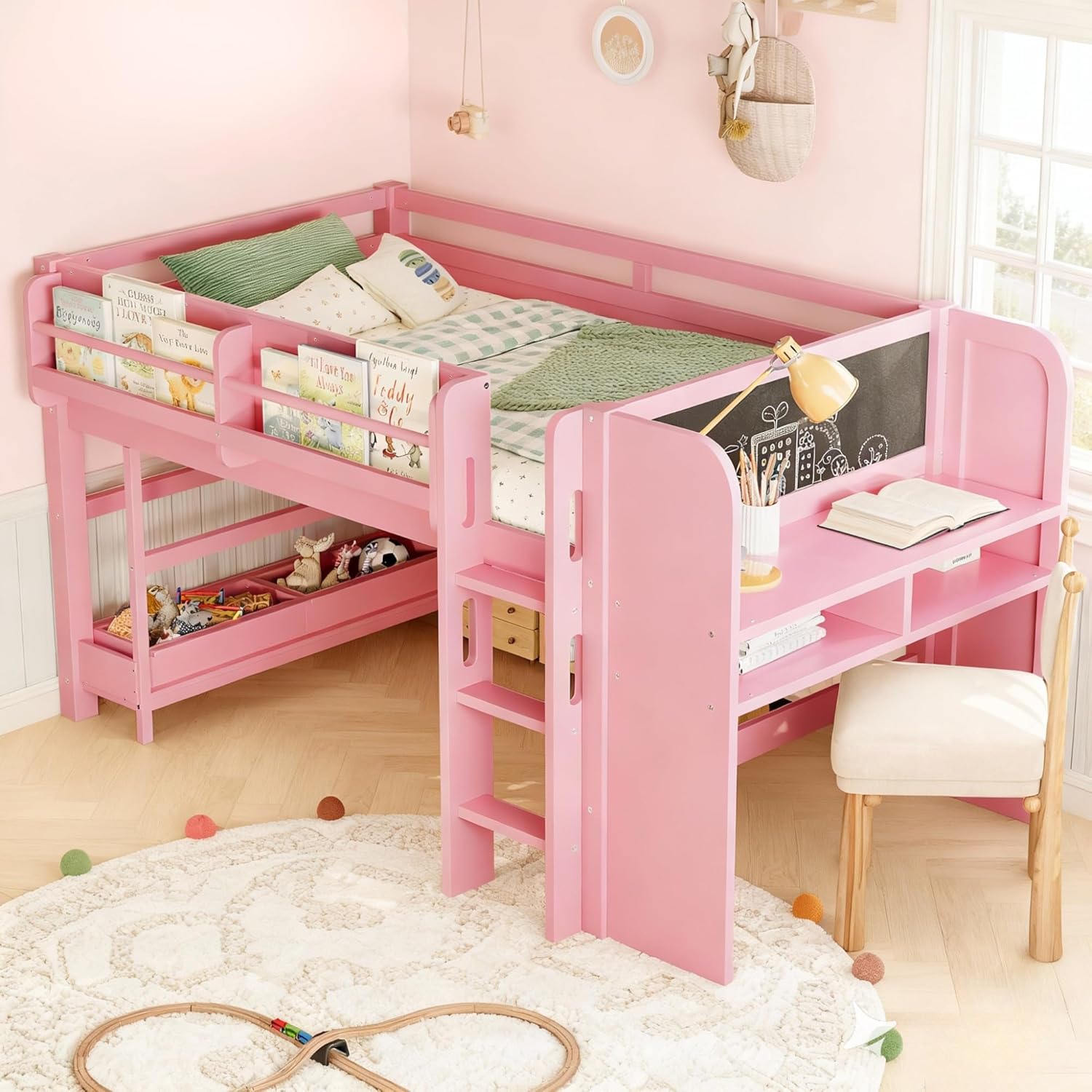 Bellemave Twin Loft Bed with Storage Boxes and Bookshelves, Solid Wood Kids Loft Bed with Desk and Blackboard, Low Loft Beds Frame for Kids, Girls, Boys, Childlike Design, Pink