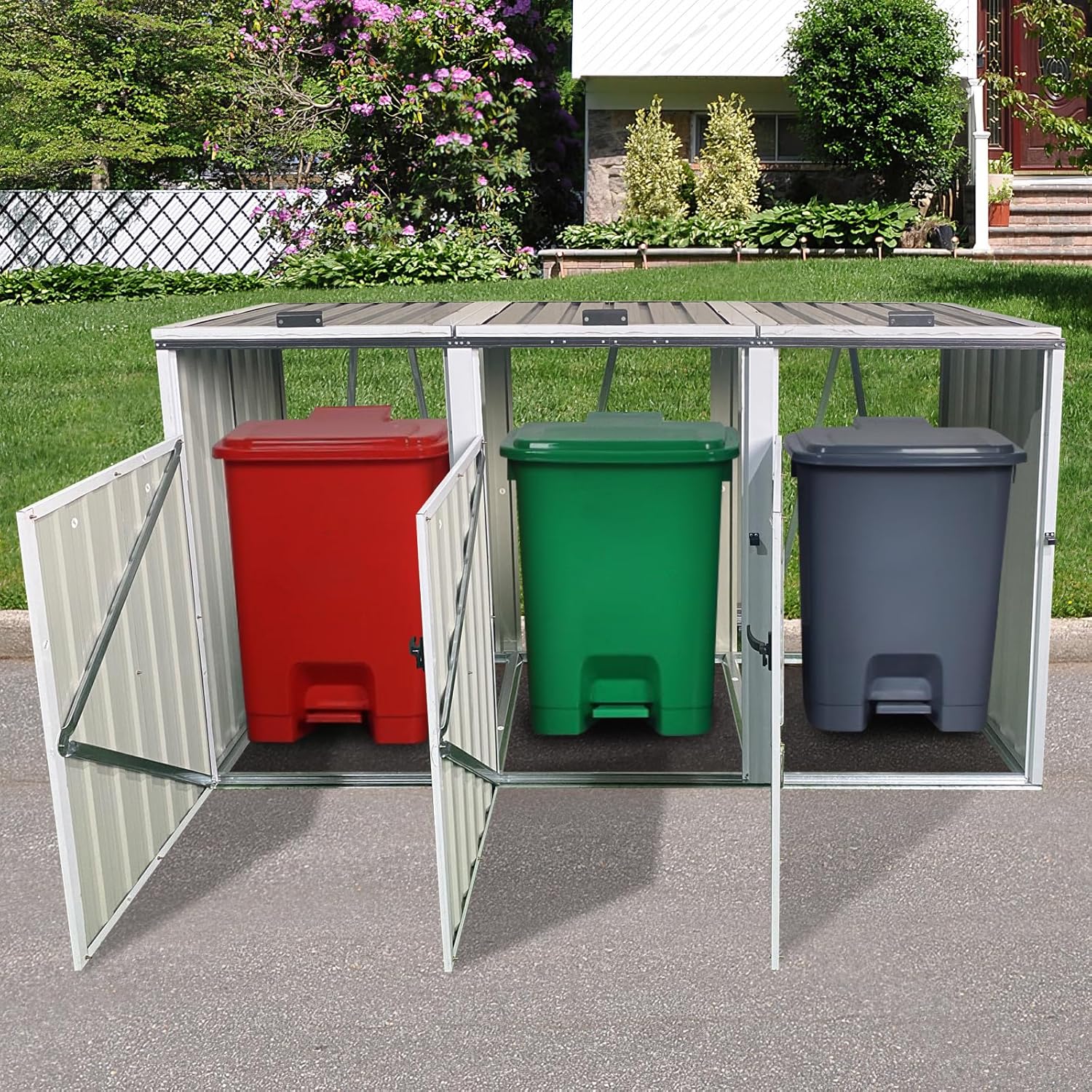 9X3 FT Garbage Bin Outdoor Steel Storage Shed,Metal Aluminum Waterproof Tool Sheds with 3 Trash Cans,Lid and Springs,Cabinet Shelter W/Ventilated & Lockable,for Garden,Lawn,Patio,Grey Ash