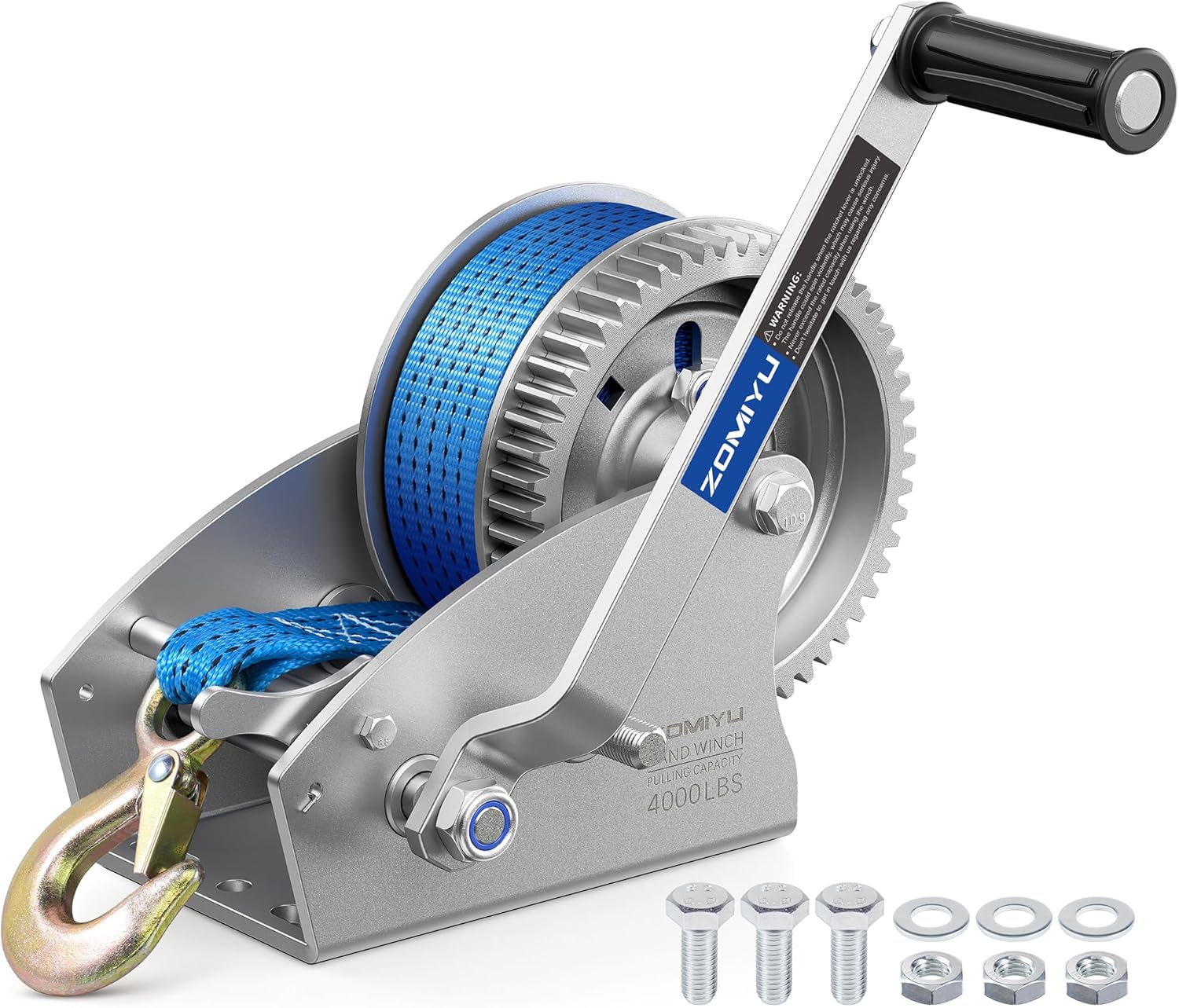 4000lb Boat Trailer Winch with Strap, 2-Way Ratchet 5.4:1/16.6:1 Gear Ratio, Enhanced Gear, Ratchet Switch and Handle, Heavy Duty Hand Winch for Boat, Trailer, ATV, Marine, Jet Ski