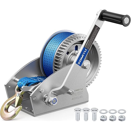 4000lb Boat Trailer Winch with Strap, 2-Way Ratchet 5.4:1/16.6:1 Gear Ratio, Enhanced Gear, Ratchet Switch and Handle, Heavy Duty Hand Winch for Boat, Trailer, ATV, Marine, Jet Ski