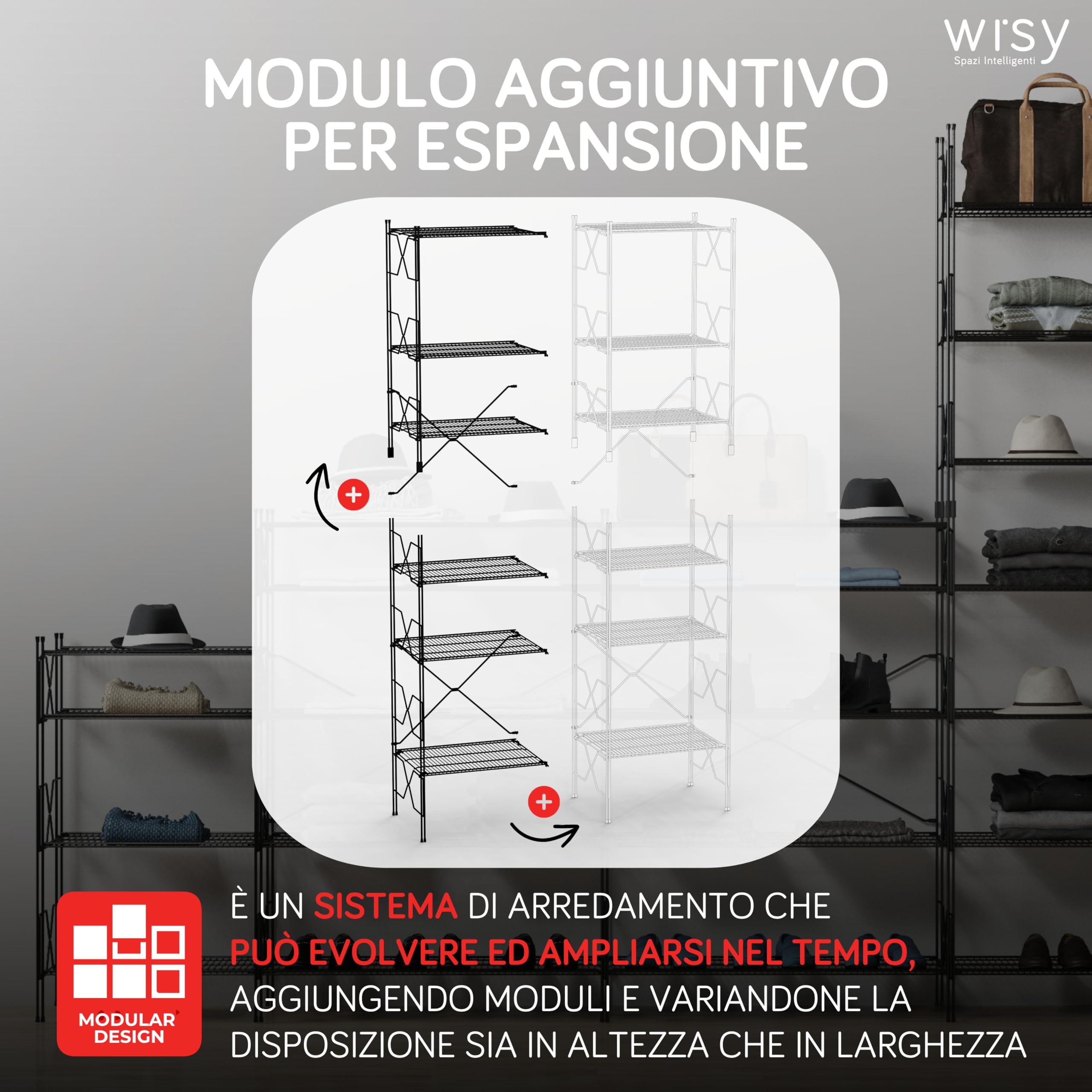 Wisy Scaffalatura Metallo 90x50x40 cm Modulo Aggiuntivo per Scaffale Metallo Garage, Scaffale Ufficio Modulare in Filo Metallico con Sistema di Aggancio Brevettato Made in Italy (90x50 cm)