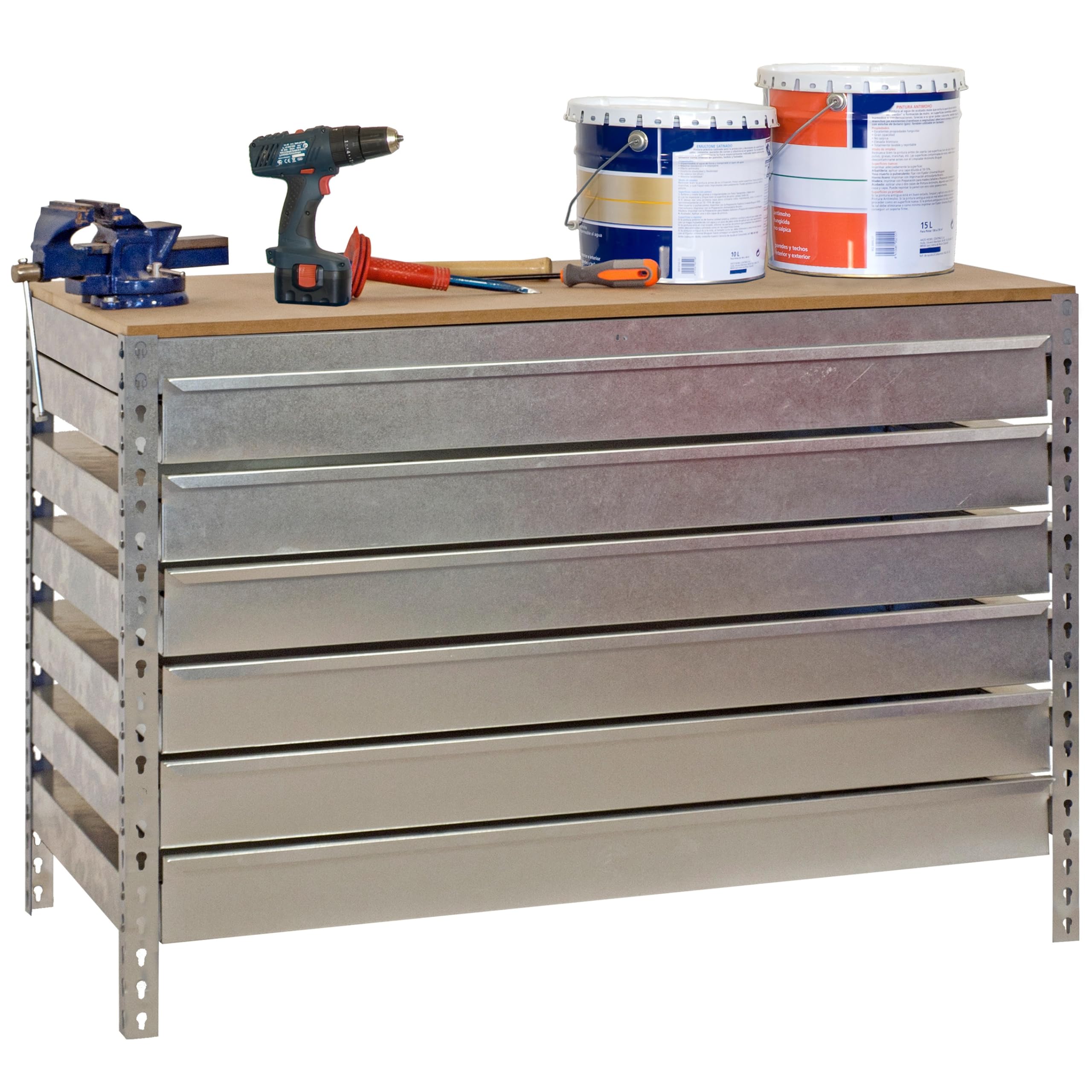 Simon Rack Banco de Trabajo Taller, Capacidad Carga 600 kg, 842x1510x760 mm, Mesa de Trabajo, 6 Cajones, Galva/Madera - BT5