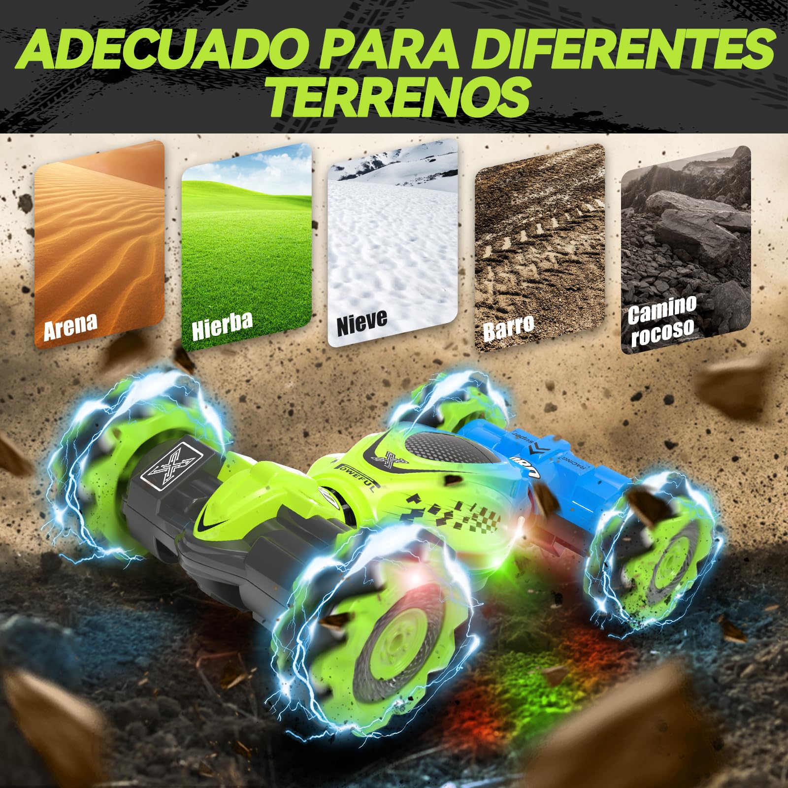 Dysaim Coche Teledirigido para Niños RC Stunt Car Coches Telecomandado con Mando a Distancia 2,4 GHz 4WD 360 ° Crawler Offroad RC Drift Auto 2 Batería Música Navidad Regalo para 6-12 Años