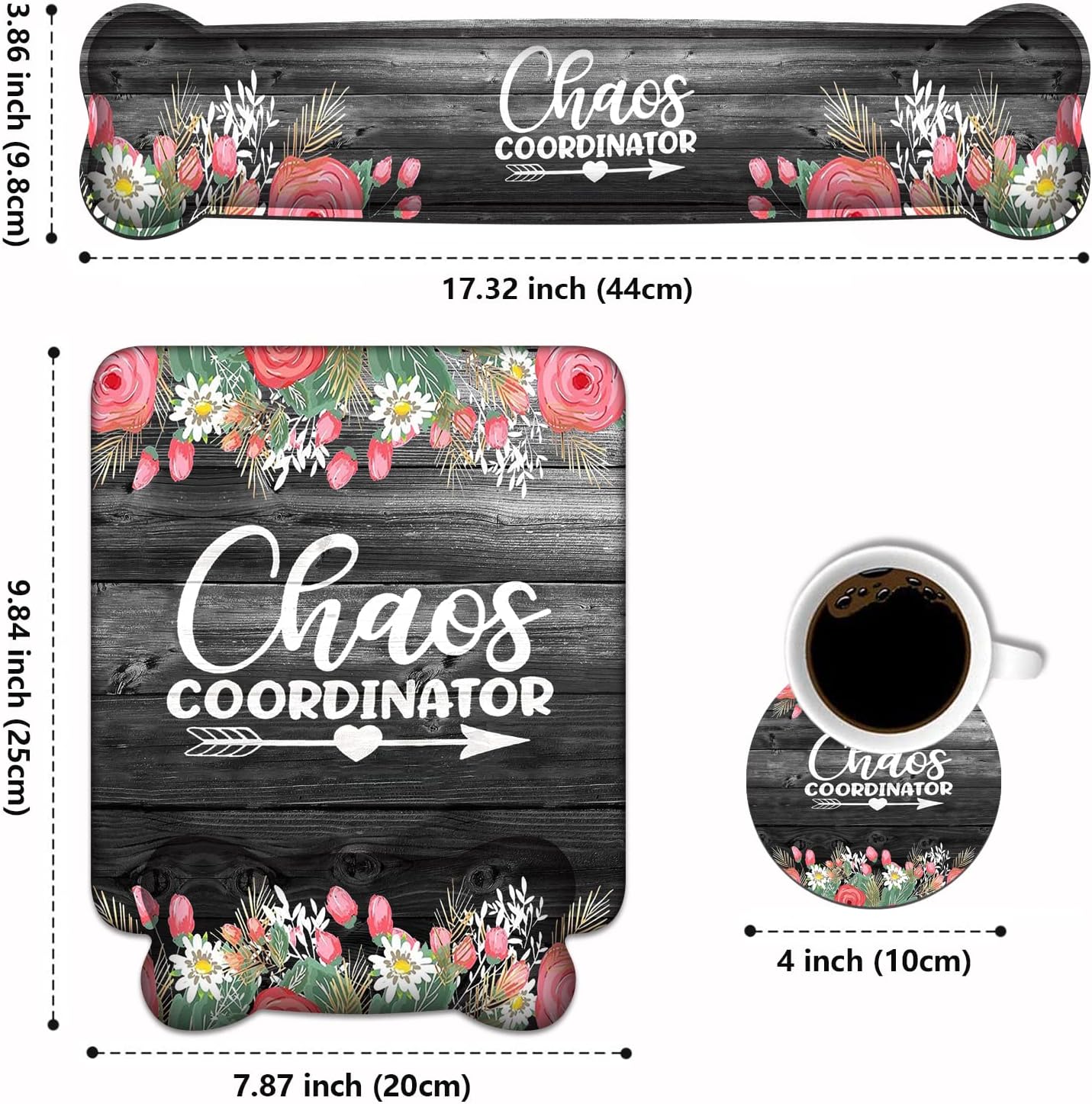 Keyboard Wrist Rest & Mouse Pad Wrist Support Set, Chaos Coordinator Quotes Colored Floral Wreath Print Design Non-Slip Rubber PU Base for Home Office Working Studying Easy Typing & Pain Relief