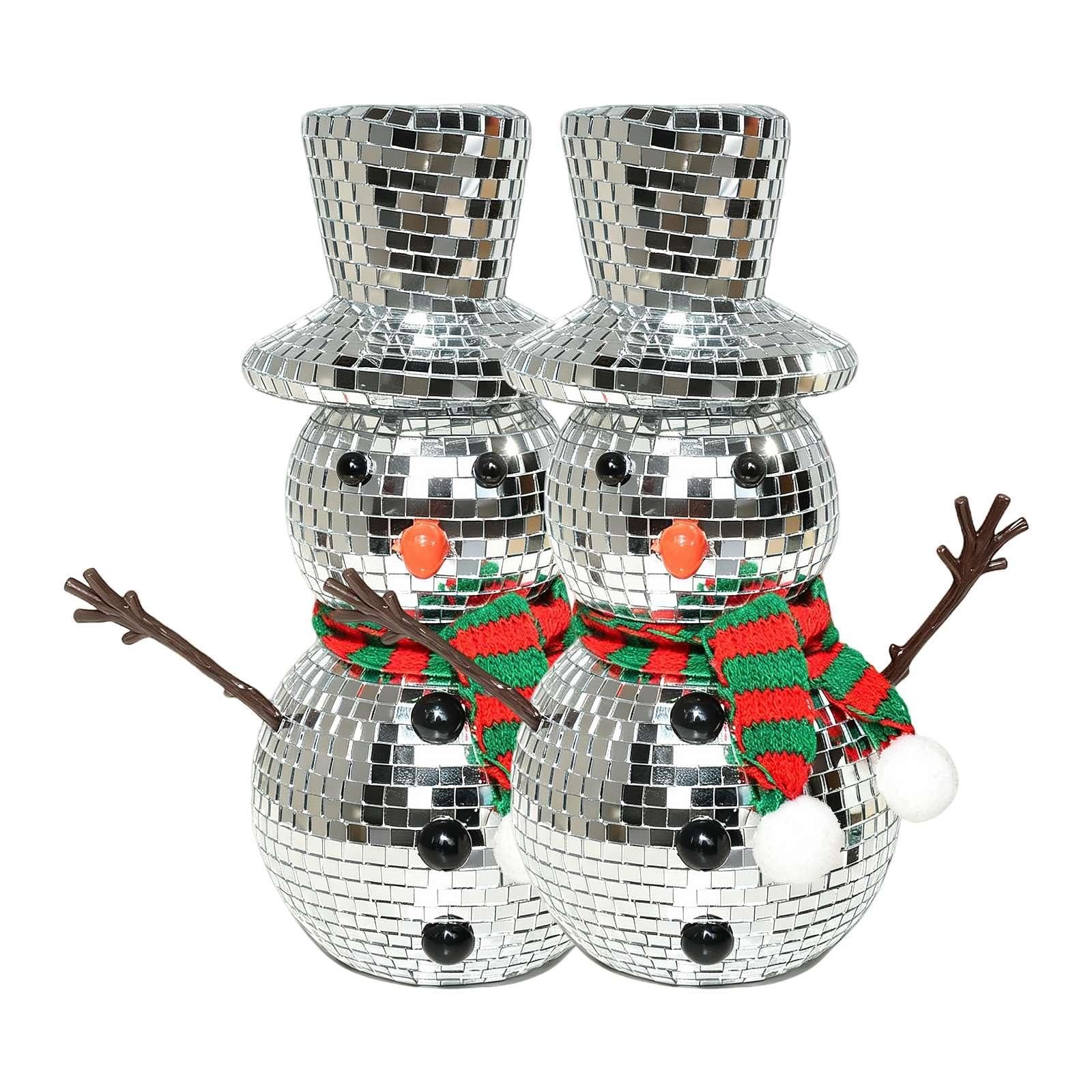 Muñeco de nieve de Navidad, decoración de bola de discoteca, figura reflectante de invierno, muñeco de nieve con bufanda, sombrero de punto brillante