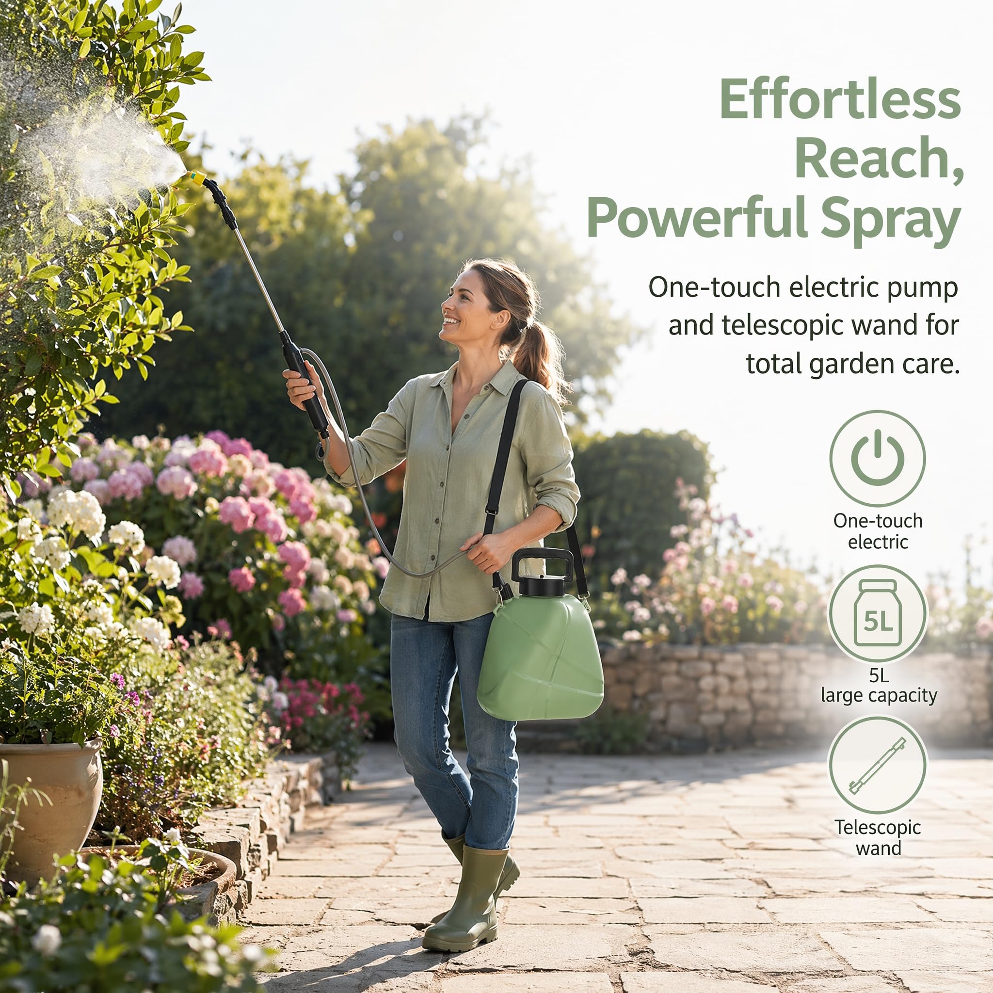 Spruzzatore a pressione da 5 l, spruzzatore elettrico per piante, a batteria, con 3 ugelli per nebbia e asta telescopica da 60 cm, spruzzatore elettrico a pressione, spruzzatore da giardino per la