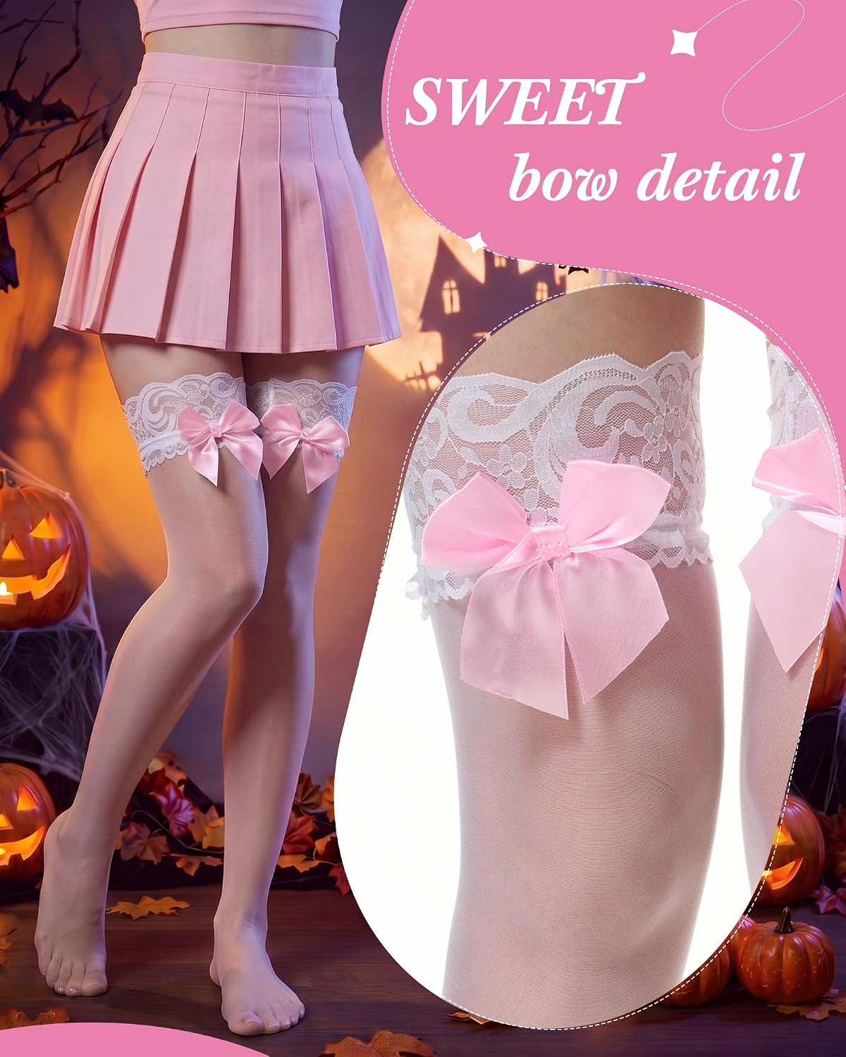 Syhood Halloween Bow Lace Thigh High Stockings