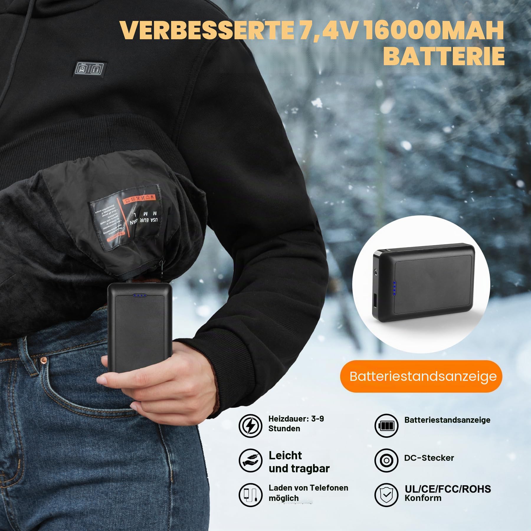 Beheizbarer Hoodie Damen Herren mit Fleecefutter 7,4 V 16000 mAh Akku, Beheizbare Pullover Beheizte Jacke für Skifahren Motorrad Camping, 3 Temperaturstufen 6 Heizzonen