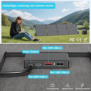 220 W Foldable Solar Panel 26 V Monocrystalline Portable Solar Panel 23.5% efficiency IP67 waterproof solar panel with USB-C PD3.0/USB-A QC 3.0/MC4 for power stations camping caravan
