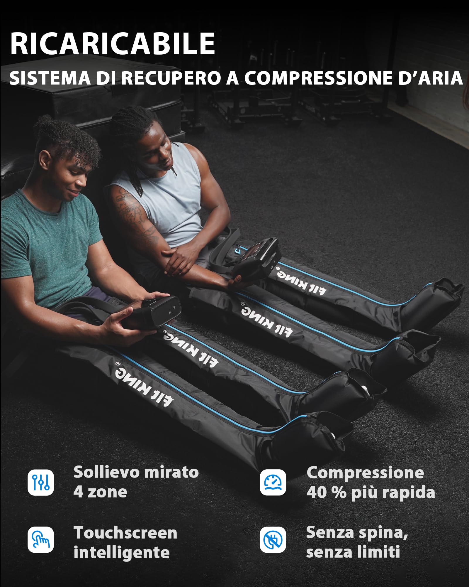 FIT KING Massaggiatore Gambe a Compressione d‘Aria Ricaricabile Senza Fili, Massaggio con 4 Zone Regolabili, 3 Modalità e 12 Intensità, Ideale per Recupero Sportivo e Relax Quotidiano (Medio)