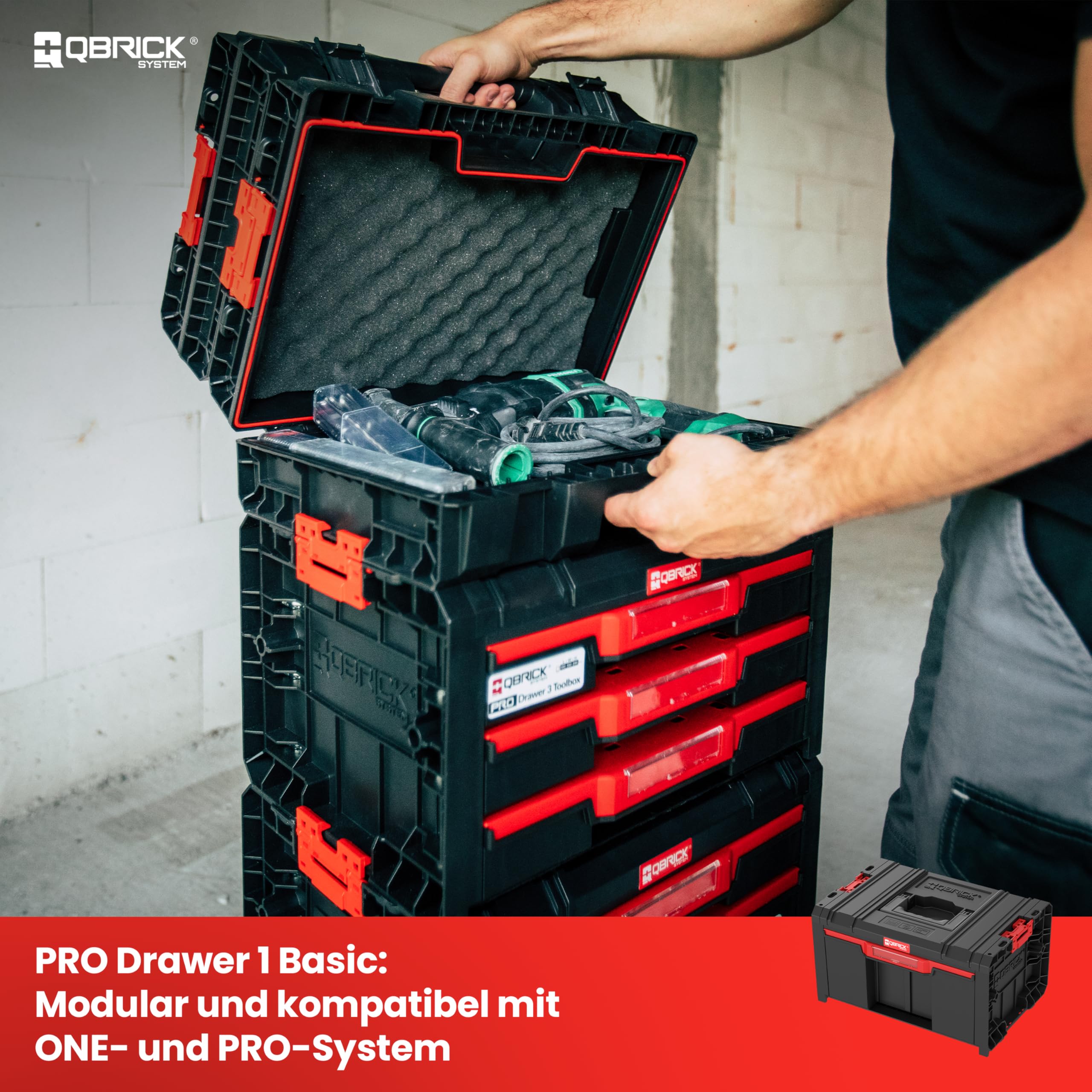Qbrick System Werkzeugkoffer Pro Drawer 1 Toolbox 2.0 Basic Black Werkzeugkasten mit tiefer Schublade Robust Automatische Blockade Modular