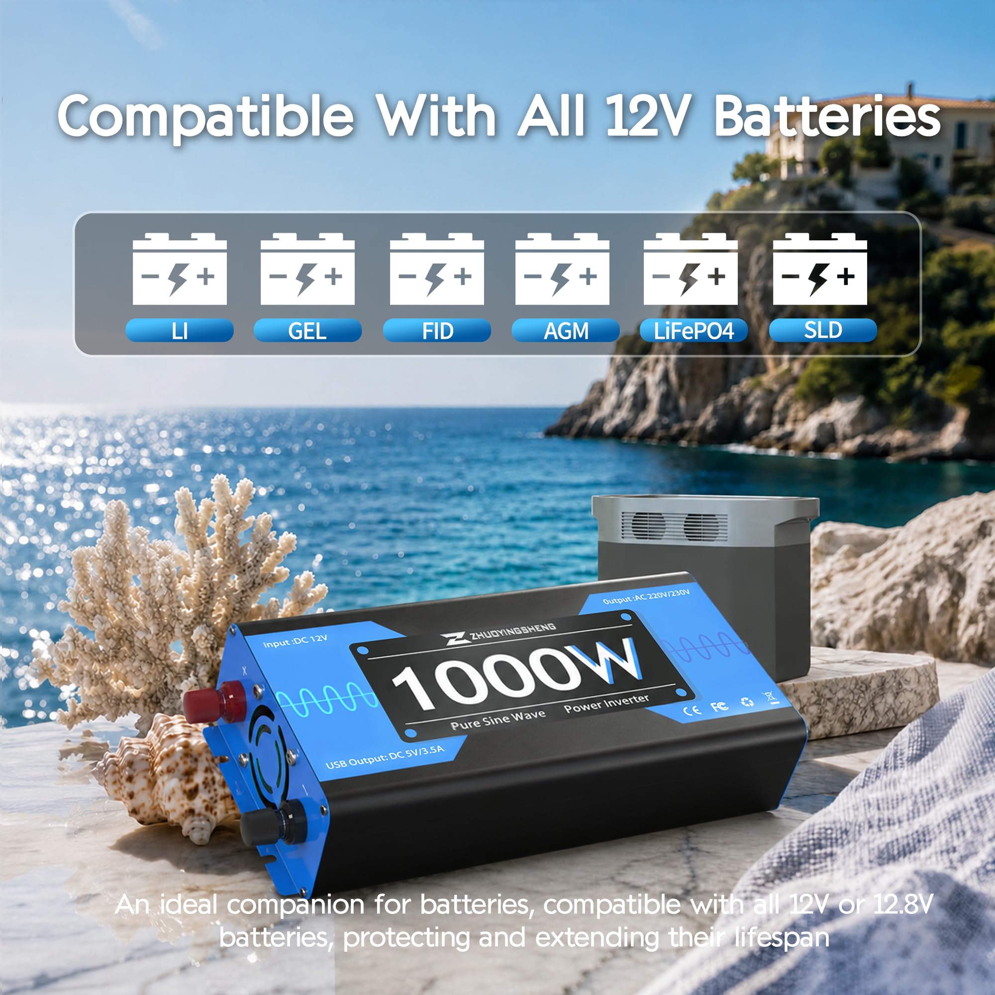 ZYS 1000W Wechselrichter 12V auf 230V Reiner Sinus, Blau