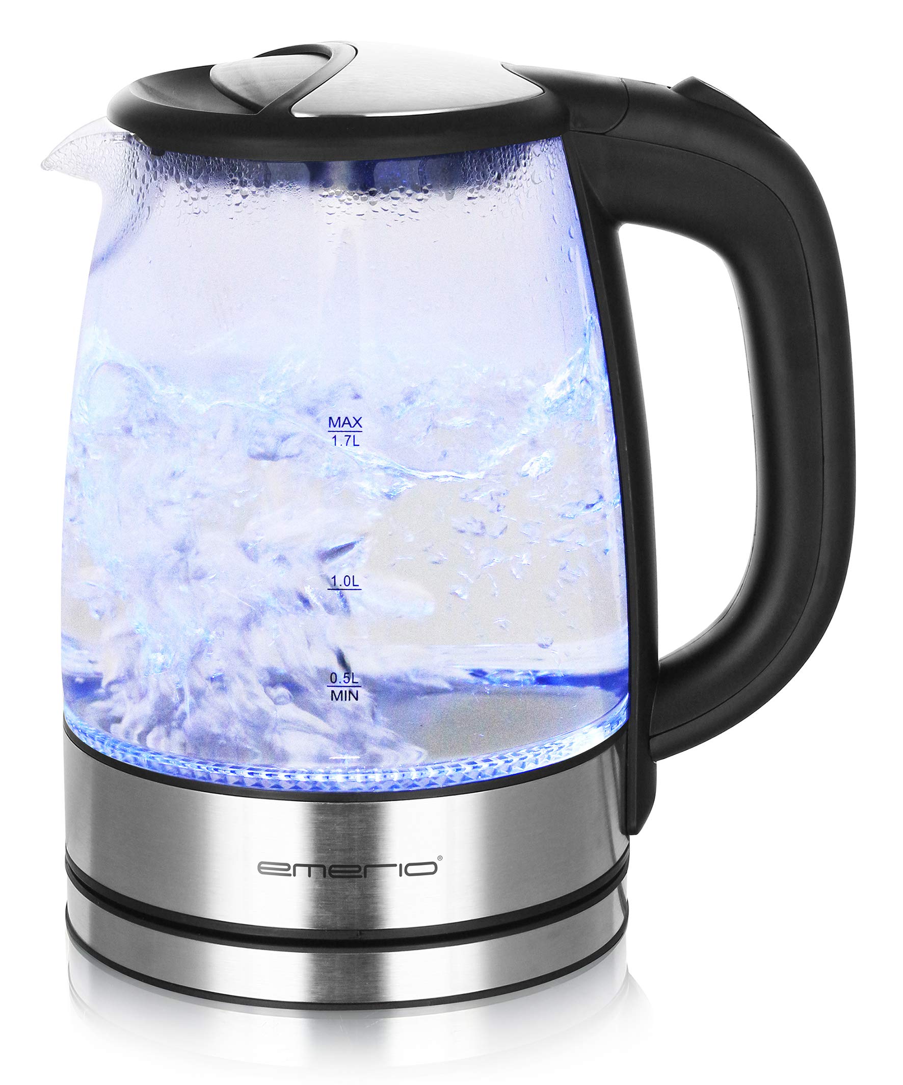 Emerio Bollitore in vetro WK-119988, 1,7 litri, 2200 watt, illuminazione interna a LED, base a 360°, rapporto prezzo/prestazioni vincente test home & garden 02/2019, 1,7 litri, nero, argento