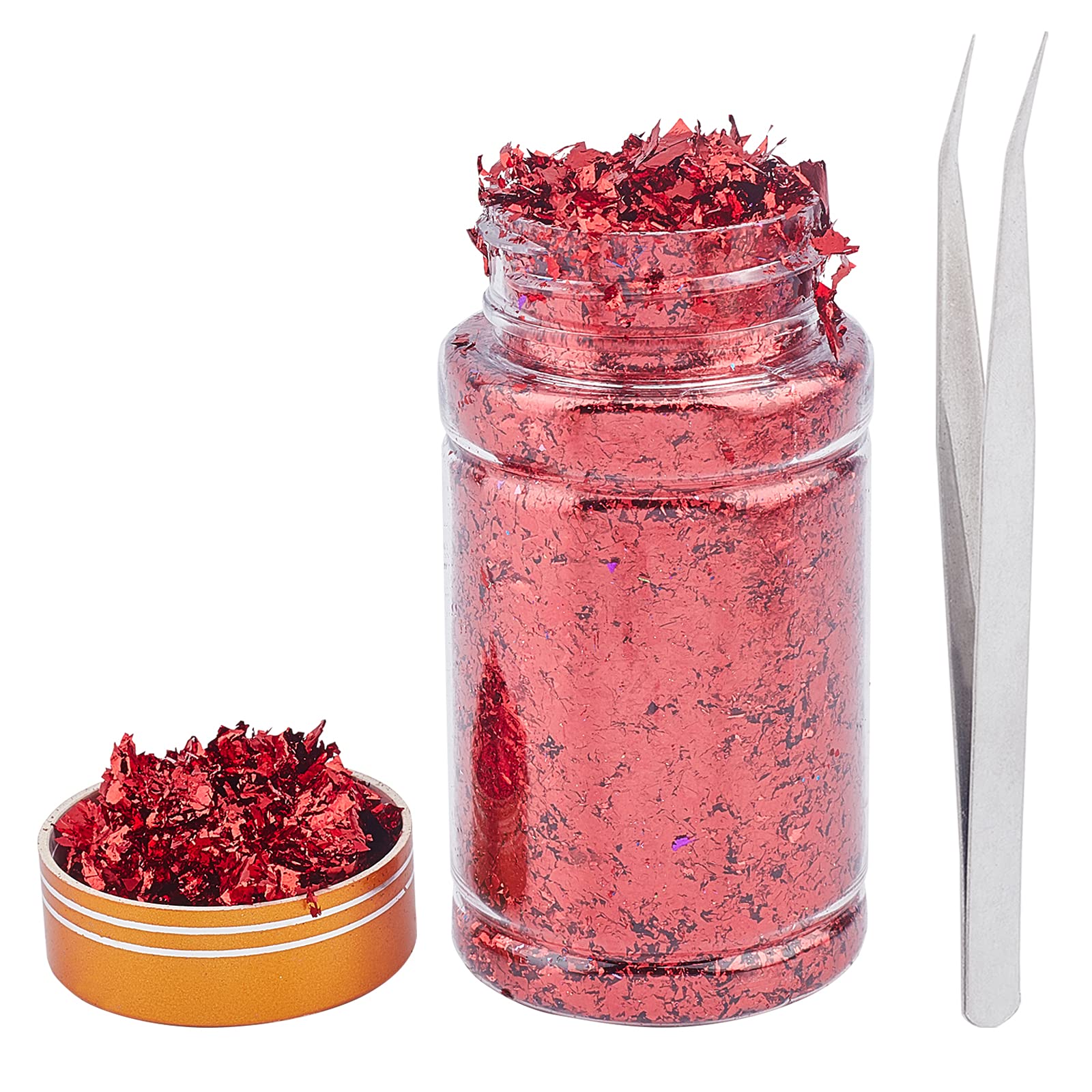 GORGECRAFT Gold Foil Flakes Metallic Gilding Flakes Metal Gold Leaf with Tweezers for Nail Art Decoration, Painting, Crafts, Resin Jewelry Making（Red）