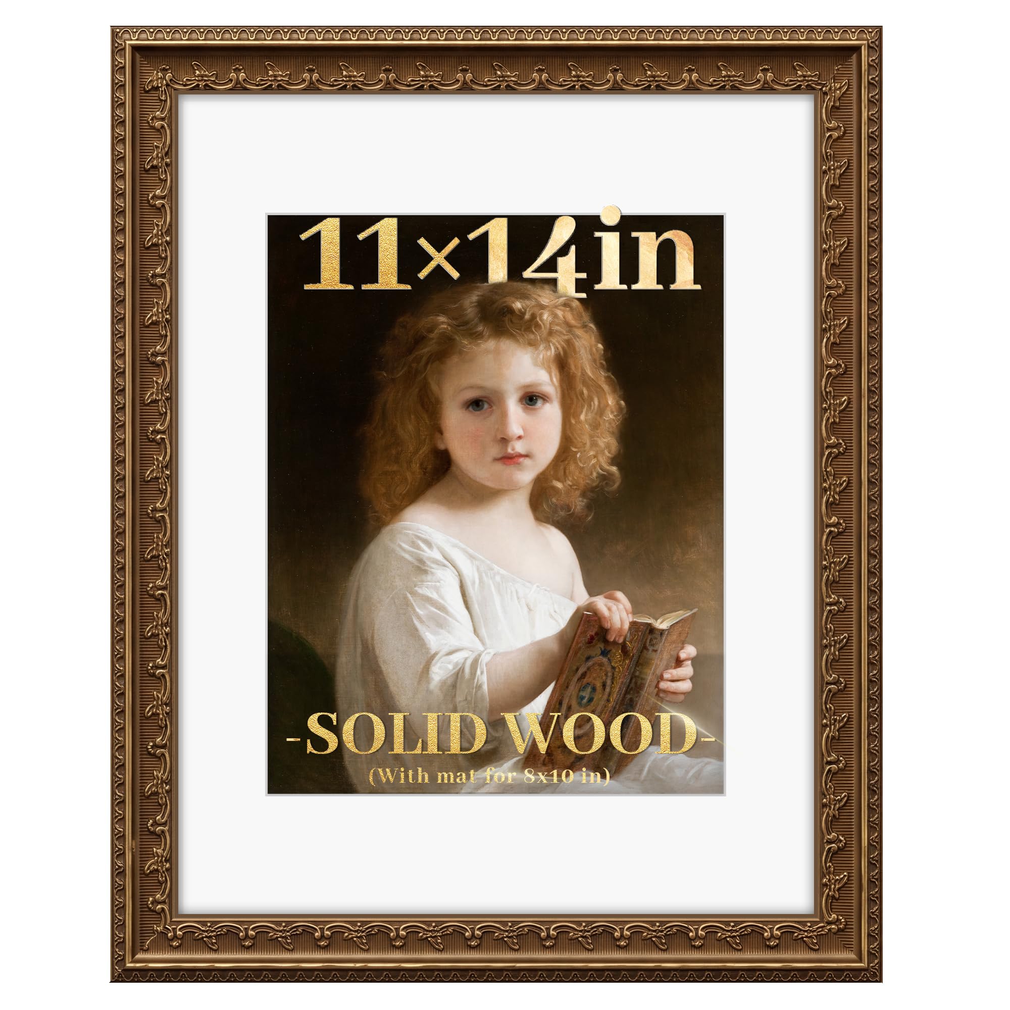 Photo 1 of PEALSN 11x14 Picture Frame, Solid Wood Picture Frame with Real Glass, Fits 8x10 Photo with Mat or 11x14 Without Mat, Vintage Gold Frame for Wall & Tabletop Display, Home & Gallery Decor