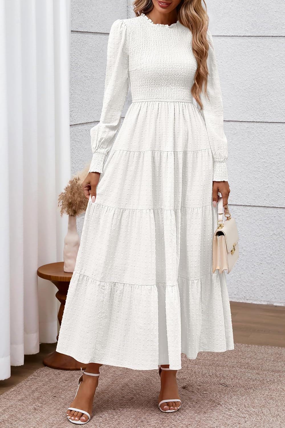 PRETTYGARDEN Women's Long Sleeve Spring Maxi Dresses 2026 Casual Smocked Trim Neck Swiss Dot Flowy Formal Wedding Guest Dress