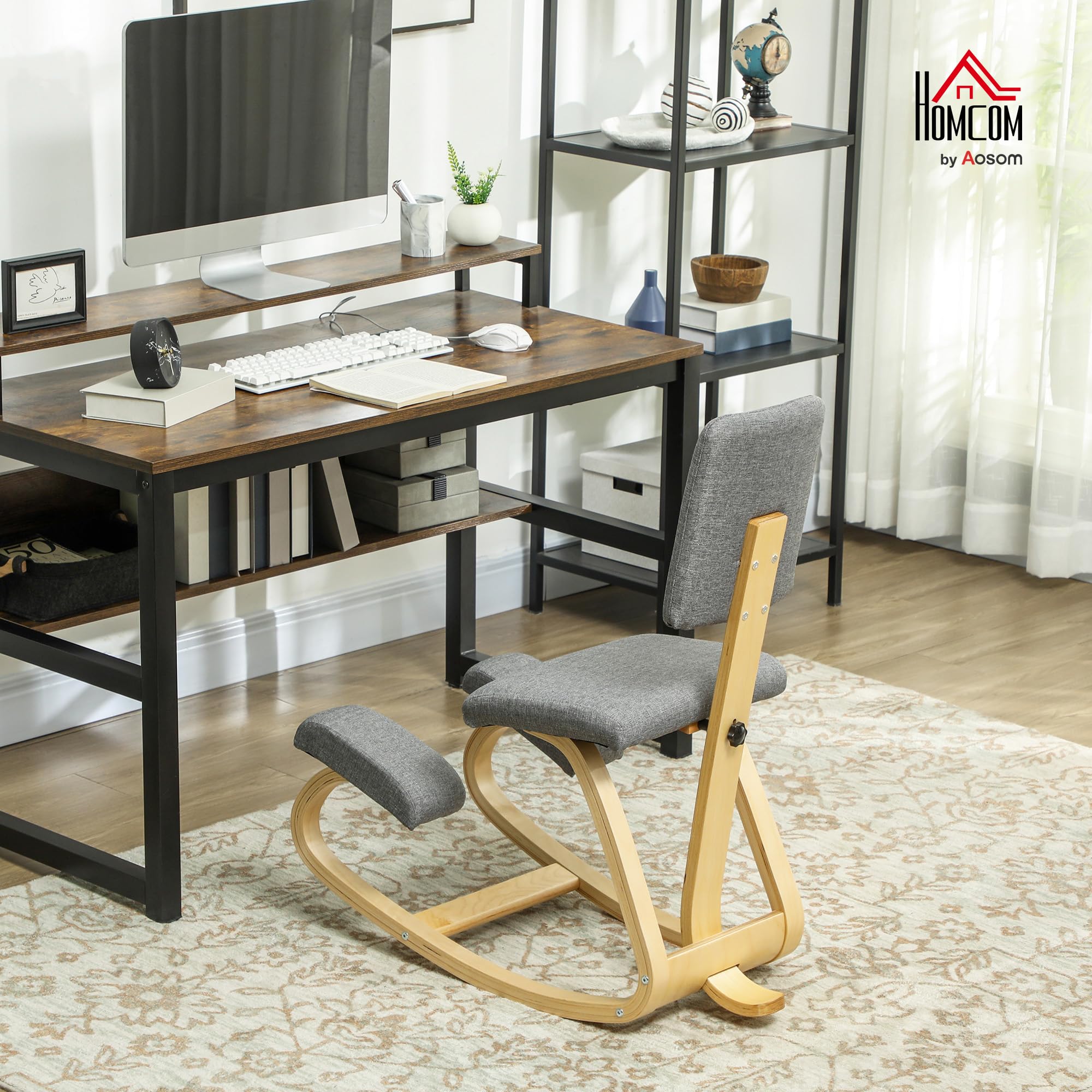 HOMCOM Ergonomischer Kniestuhl, Kniehocker mit Rückenlehne, Basis aus Holz Bürostuhl für Zuhause, Büro, Meditation, zur Verbesserung der Nackenschmerzen Rückenschmerzen Grau