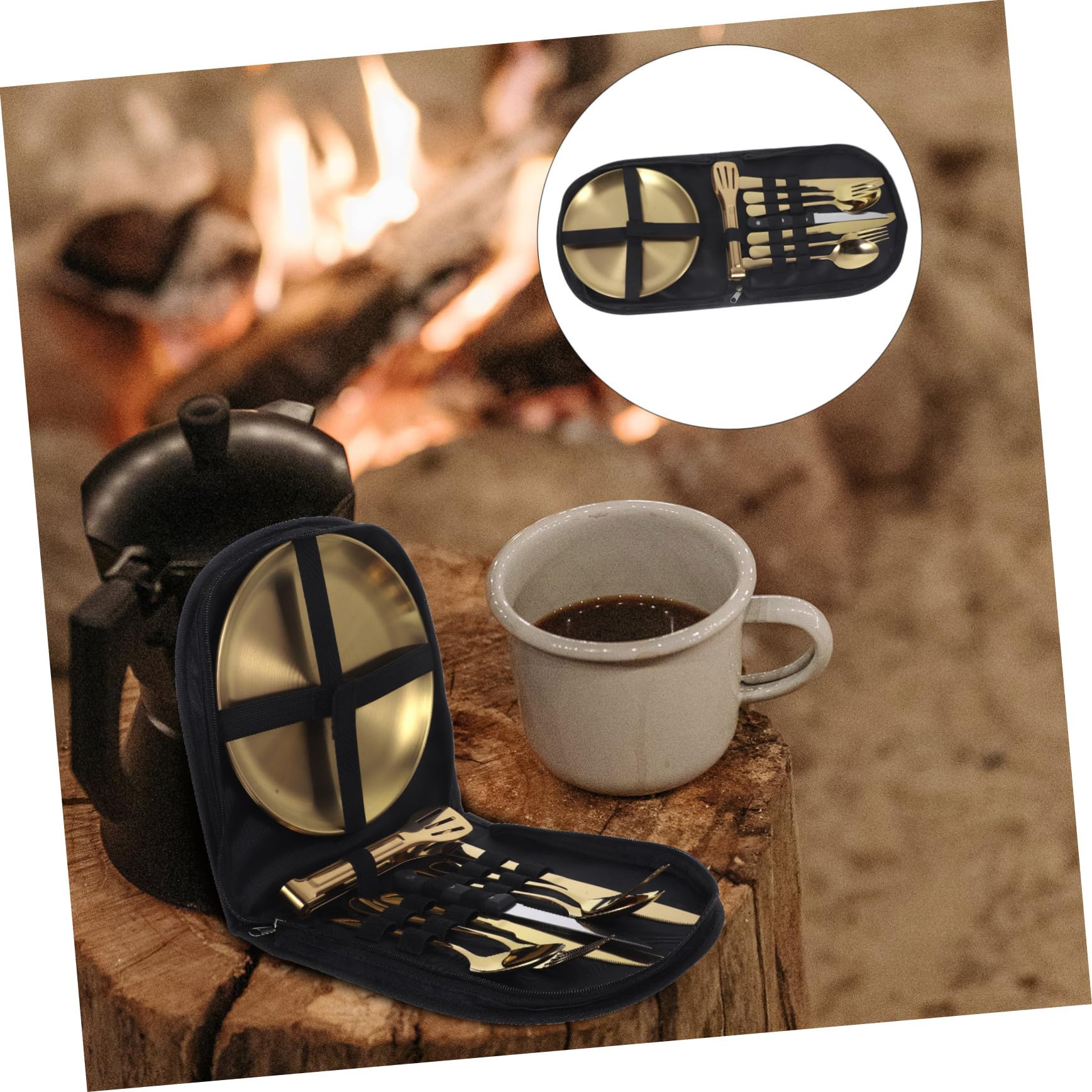 VILLCASE Teiliges Edelstahl Camping Besteckset für Outdoor Inklusive Messer Gabel Löffel Wiederverwendbar Tragbar mit Aufbewahrungstasche für Camping Picknick und Reisen Goldfarben