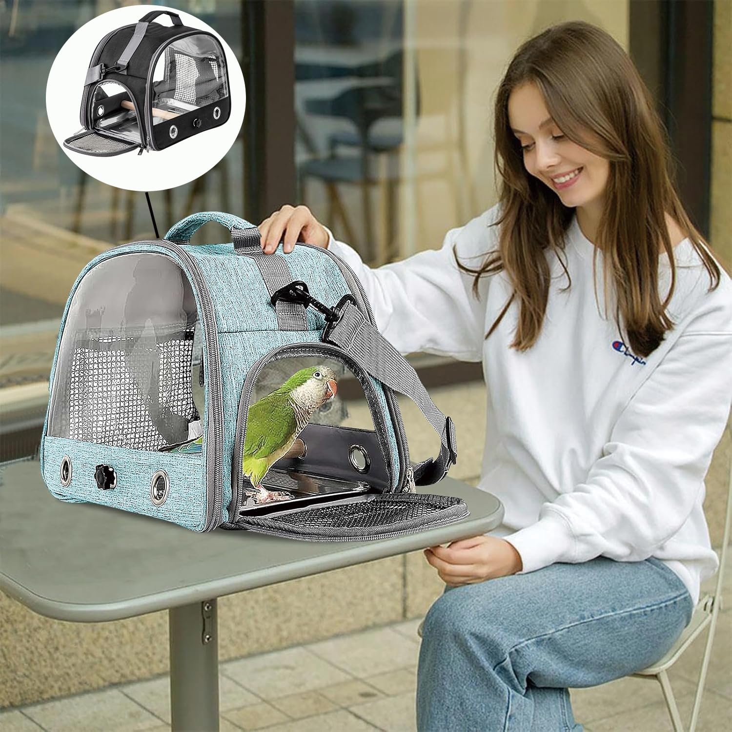Jaula De Viaje para Pájaros con Percha Y Bandeja, Bolsa De Transporte para Pájaros, Transportador Portátil para, Bolsa De Viaje para Loros, para Periquitos y Loros Pequeños, Negro