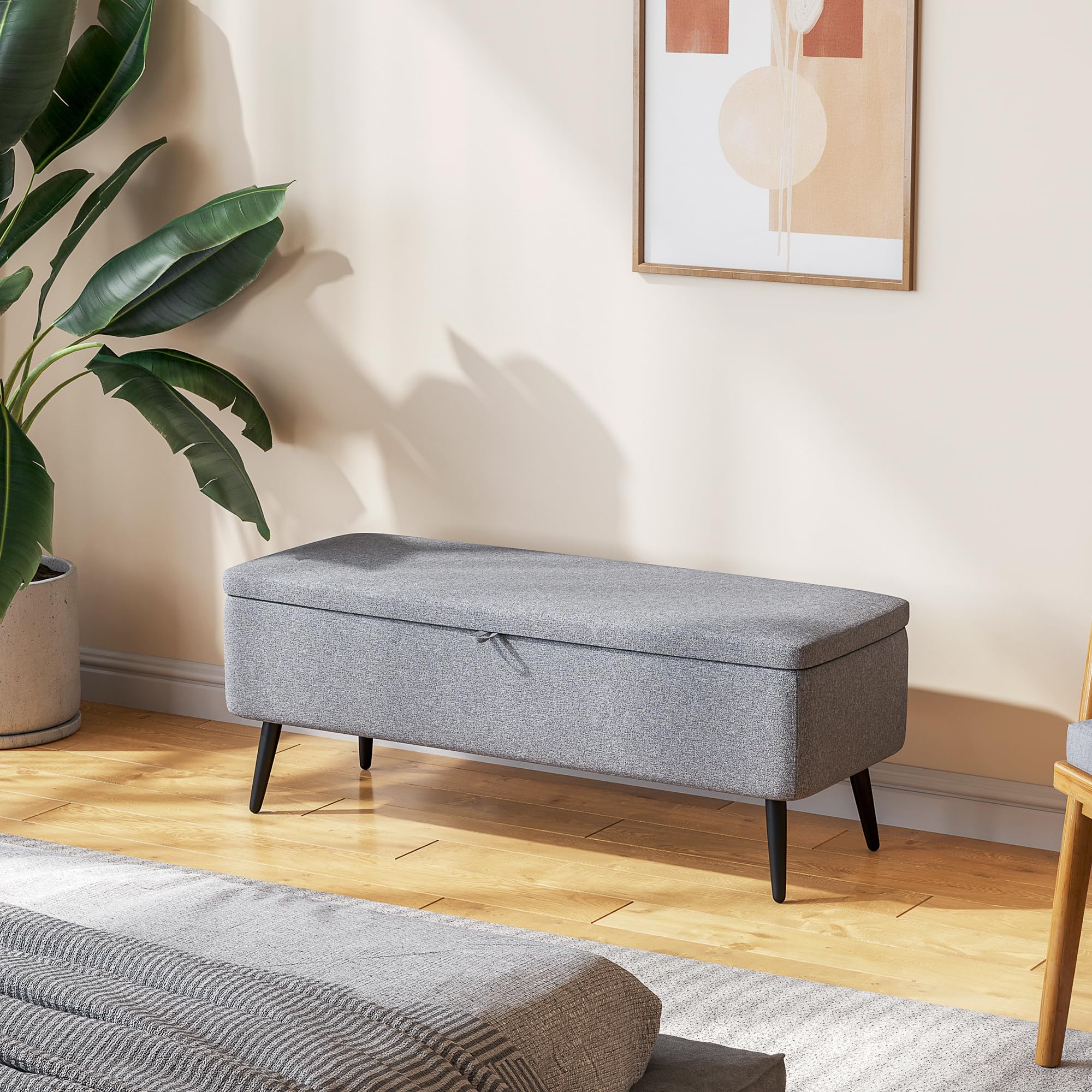HOMCOM Banc de Rangement Bout de Lit en Tissu 101 x 38,5 x 44,5 cm Gris | Coffre de Rangement, Pieds en Acier Noir