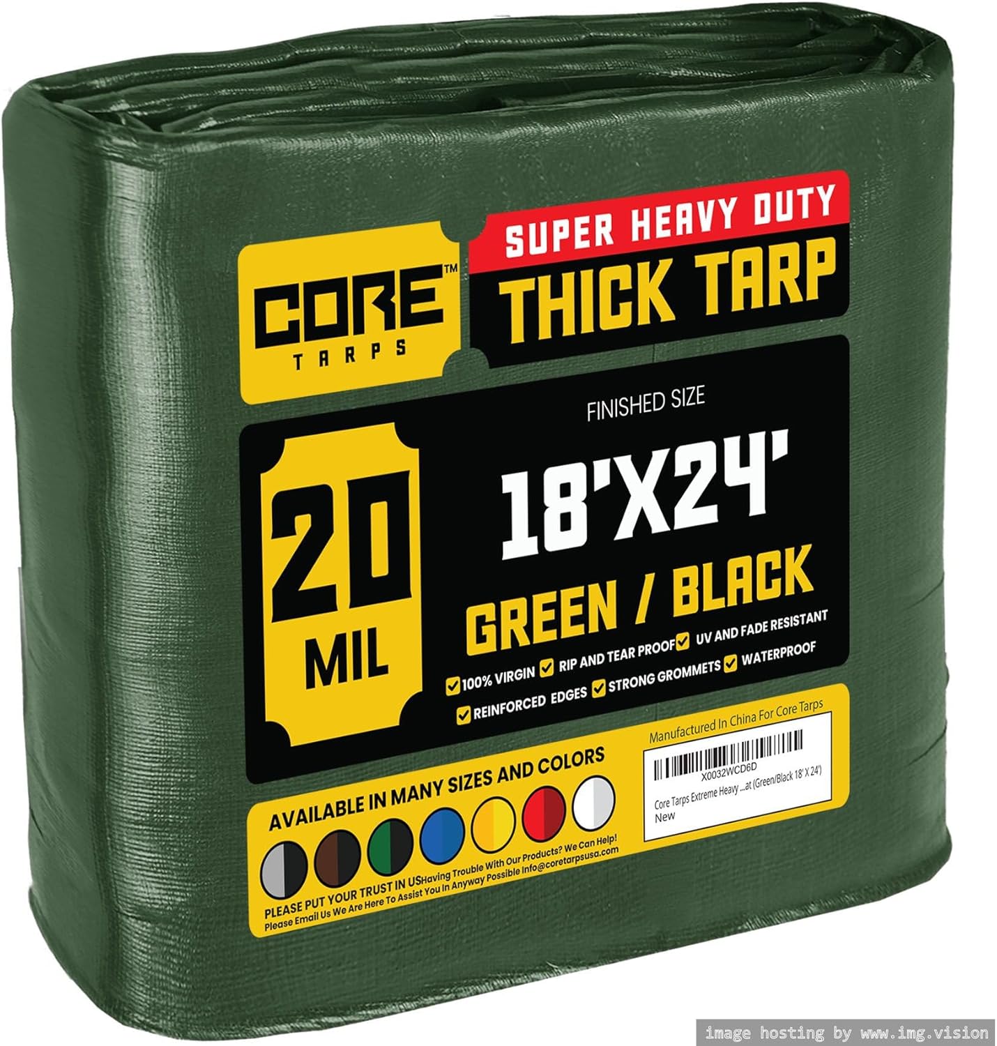 Core Tarps Extreme Heavy Duty 20 Mil Tarp Cover, Waterproof, UV Resistant, Rip and Tear Proof, Poly Tarpaulin with Reinforced Edges for Roof, Camping, Patio, Pool, Boat (Green/Black 18? X 24?) 18? X 24? Green/Black-20 Mil