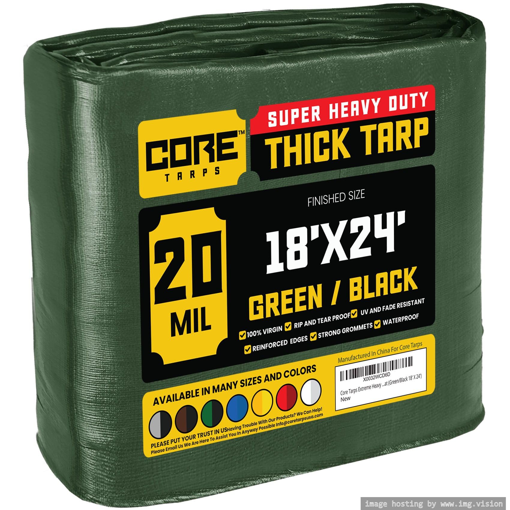 Core Tarps Extreme Heavy Duty 20 Mil Tarp Cover, Waterproof, UV Resistant, Rip and Tear Proof, Poly Tarpaulin with Reinforced Edges for Roof, Patio, Pool, Boat (Green/Black 18′ X 24′)