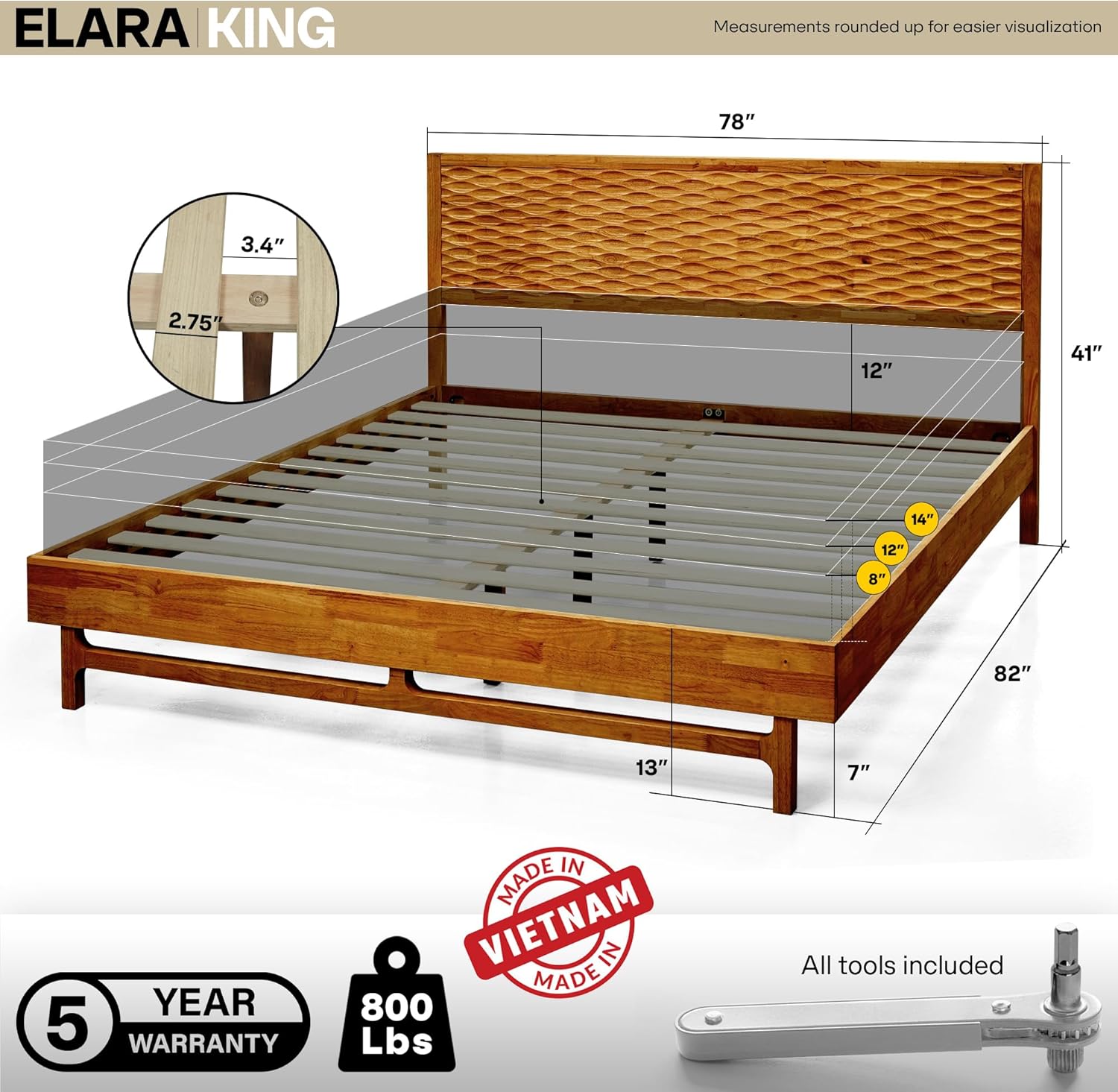 Acacia Elara King Platform Bed Frame – Mid-Century Modern Style, Carved Headboard, Solid Wood, Caramel Finish, No Box Spring, 800lbs Support, Easy Assembly with Tools Included